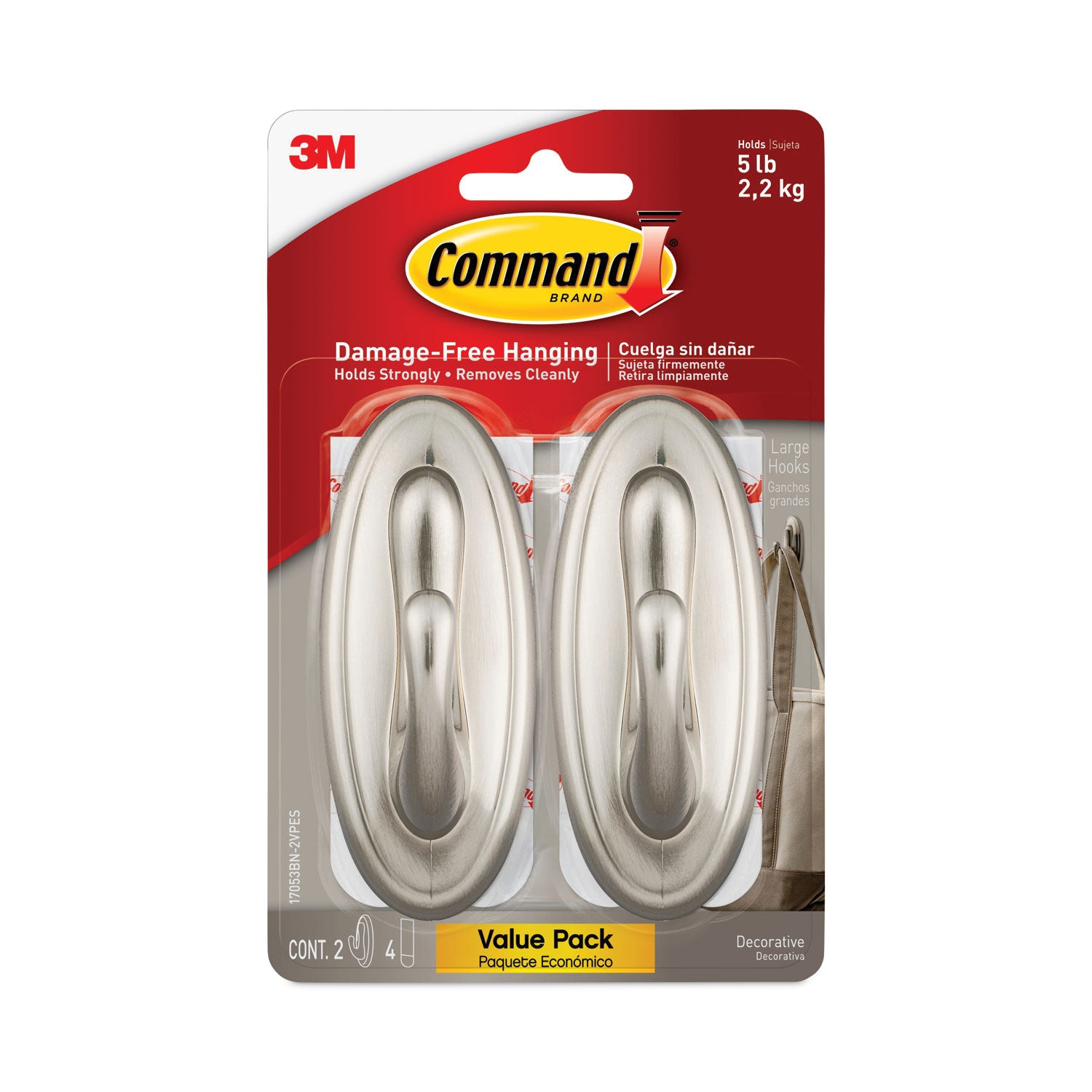 Command™ Decorative Hooks, Traditional, Large, Metal, Brushed Nickel, 5 lb Capacity, 2 Hooks and 4 Strips/Pack