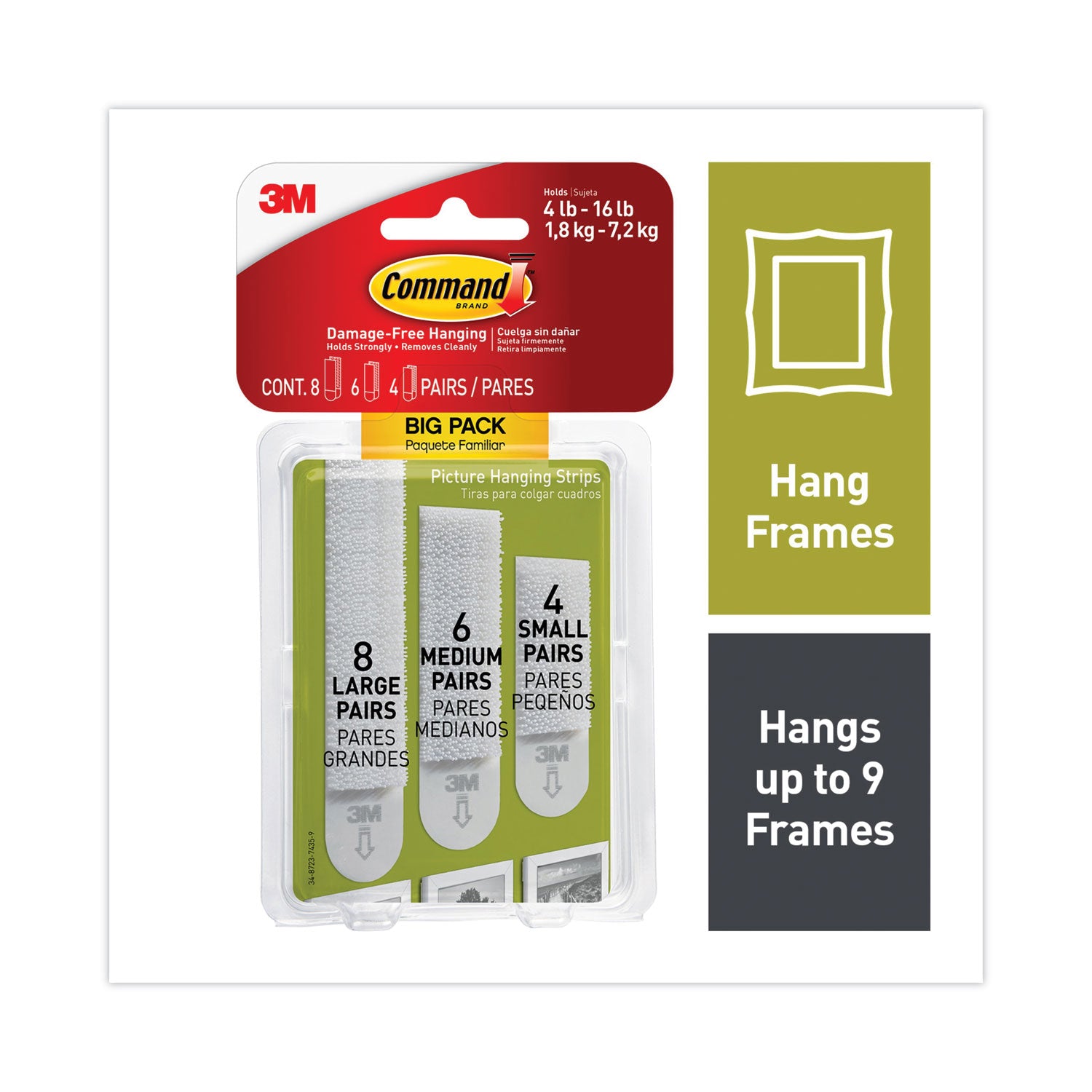 Command™ Picture Hanging Strips Big Pack, Removable, (4) Small, (6) Medium, (8) Large, White, 18 Pairs/Pack