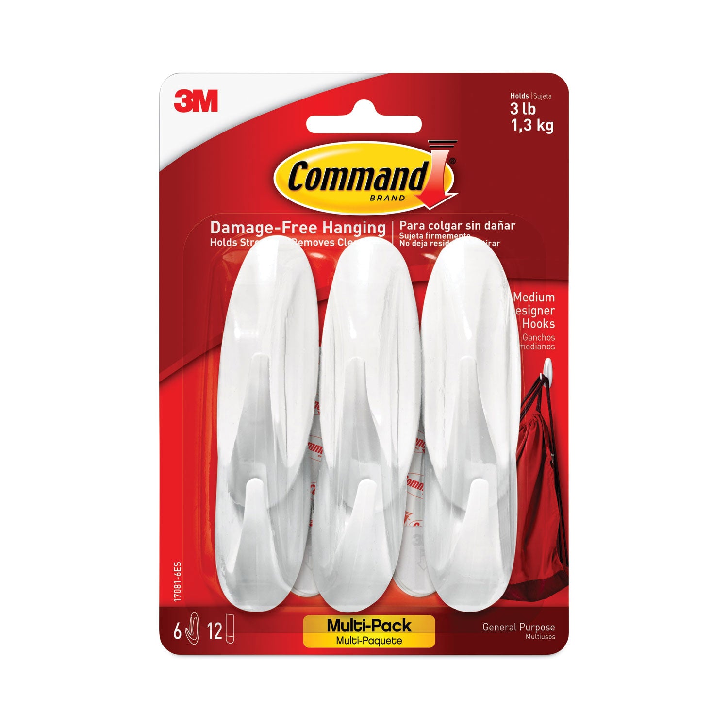 Command™ Designer Hooks, Medium, Plastic, White, 3 lb Capacity, 6 Hooks and 12 Strips/Pack