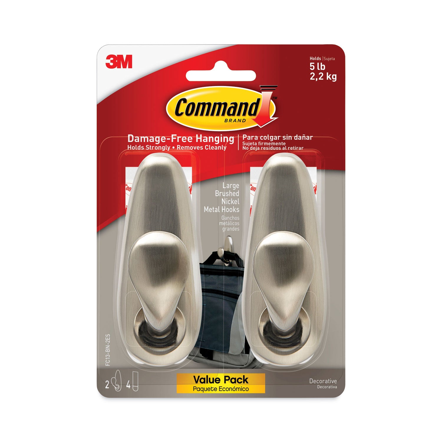 Command™ Adhesive Mount Metal Hook, Large, Brushed Nickel Finish, 5 lb Capacity, 2 Hooks and 4 Strips/Pack