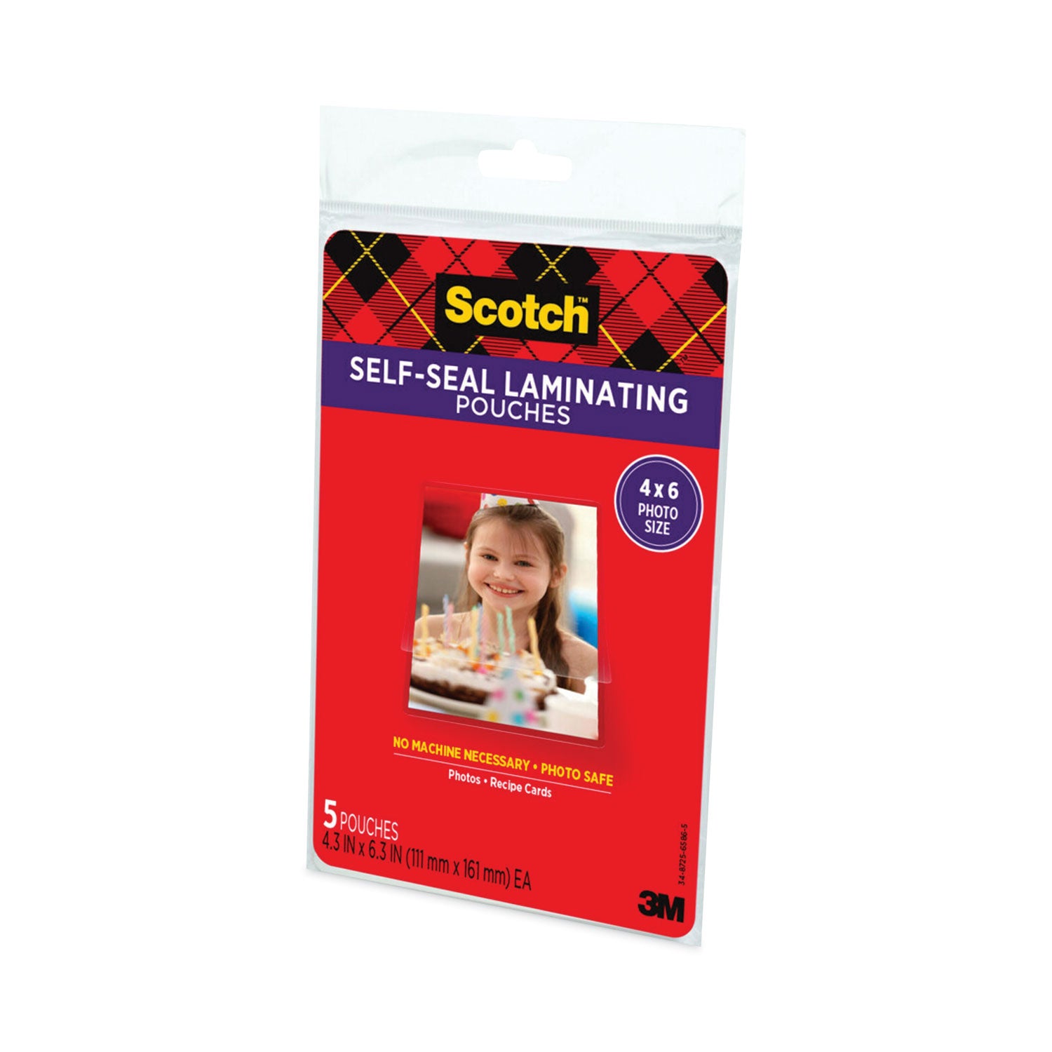 Scotch™ Self-Sealing Laminating Pouches, 9.5 mil, 4.38" x 6.38", Gloss Clear, 5/Pack