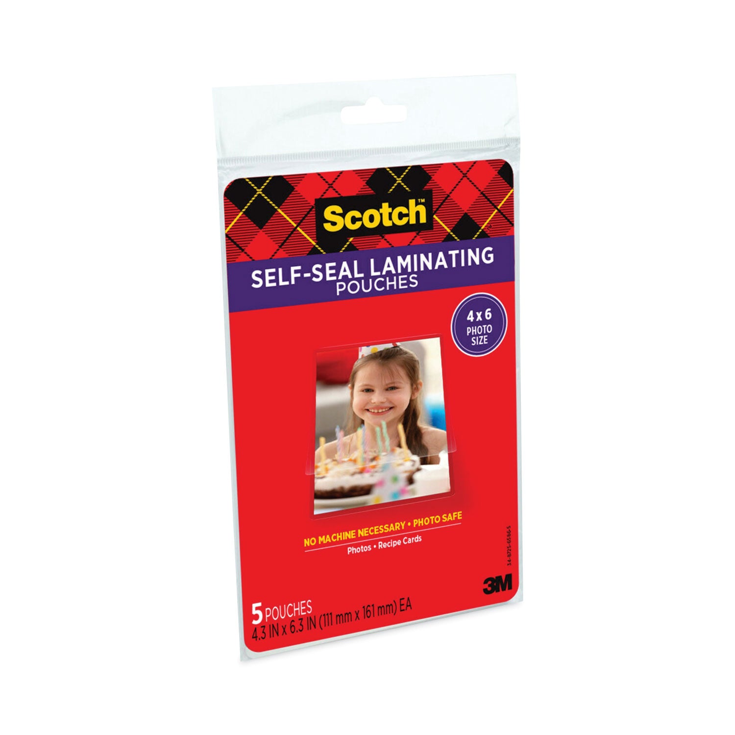 Scotch™ Self-Sealing Laminating Pouches, 9.5 mil, 4.38" x 6.38", Gloss Clear, 5/Pack