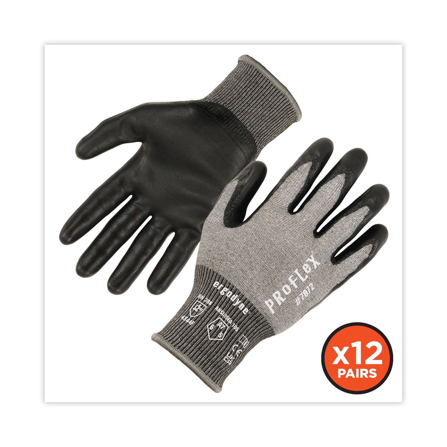 Ergodyne® ProFlex 7072 ANSI A7 Nitrile-Coated CR Gloves, Gray, Medium, 12 Pairs/Pack