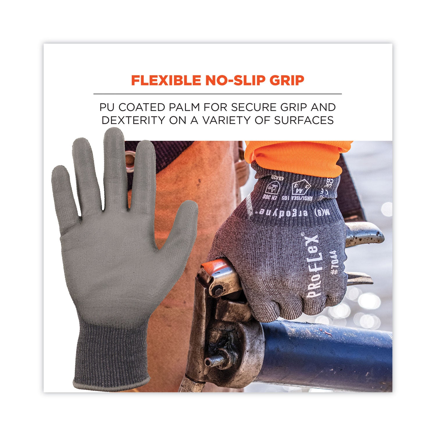 Ergodyne® ProFlex 7044 ANSI A4 PU Coated CR Gloves, Gray, Small, 12 Pairs/Pack