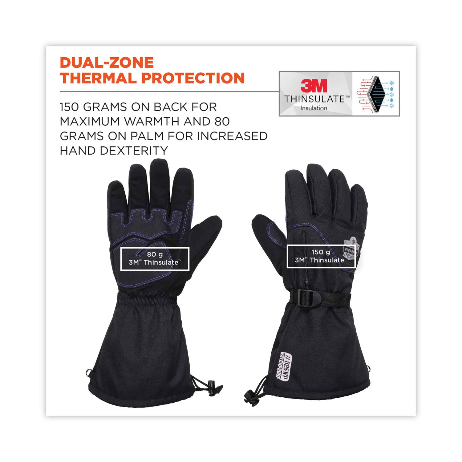 Ergodyne® ProFlex 825WP Thermal Waterproof Winter Work Gloves, Black, X-Large, Pair