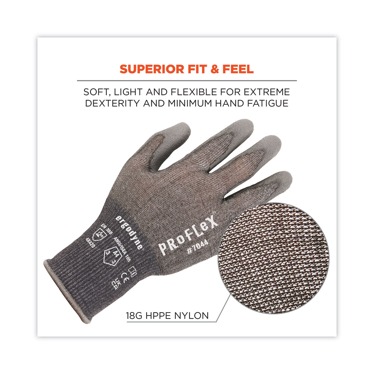 Ergodyne® ProFlex 7044 ANSI A4 PU Coated CR Gloves, Gray, Large, Pair