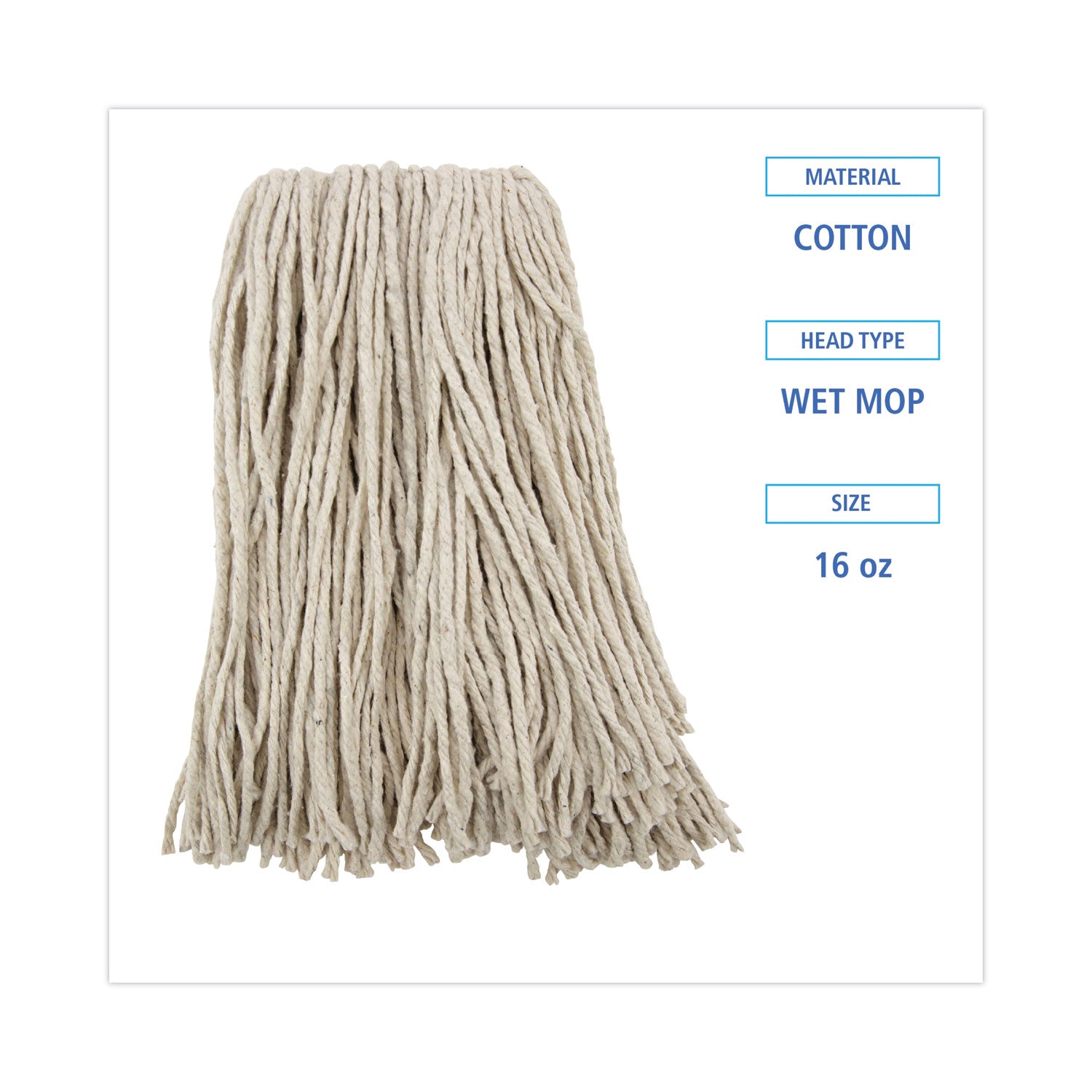 Boardwalk® Premium Cut-End Wet Mop Heads, Cotton, 16oz, White, 12/Carton