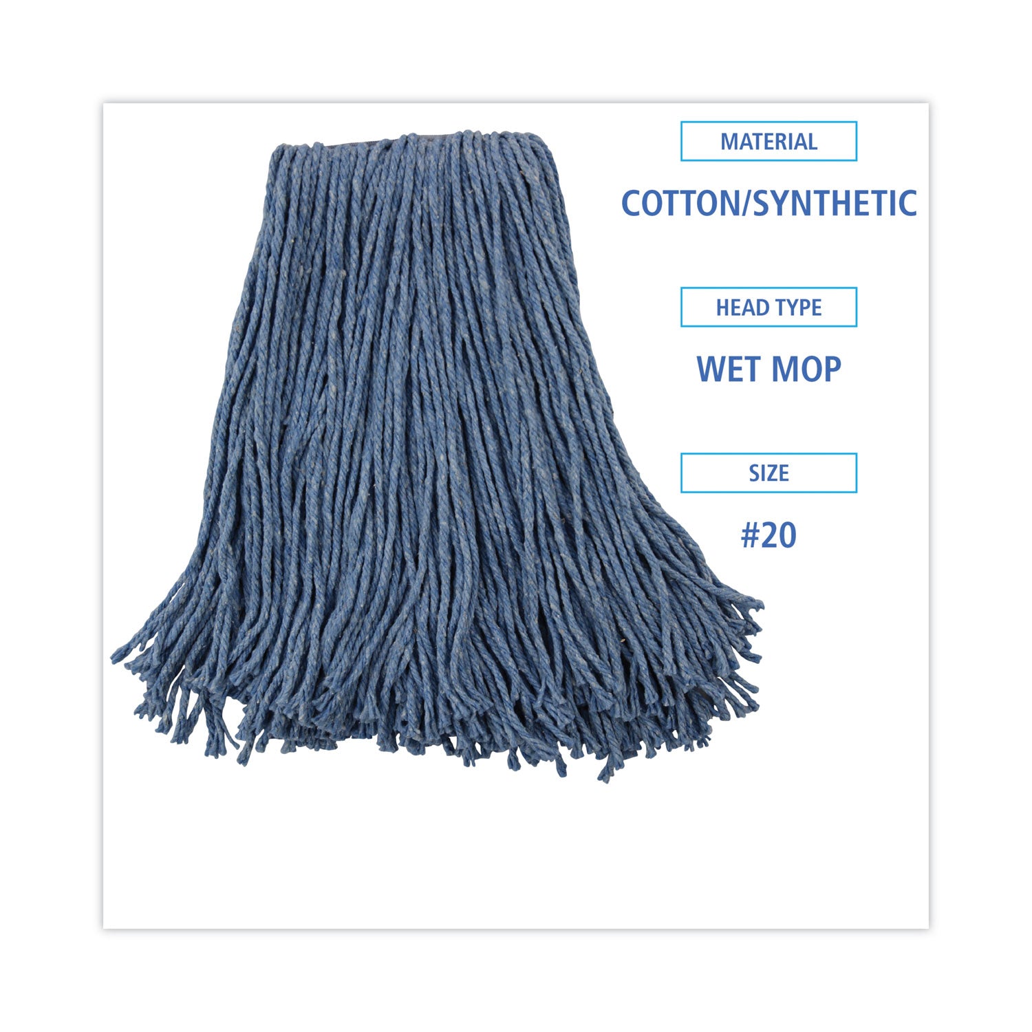 Boardwalk® Mop Head, Standard Head, Cotton/Synthetic Fiber, Cut-End, #20, Blue, 12/Carton