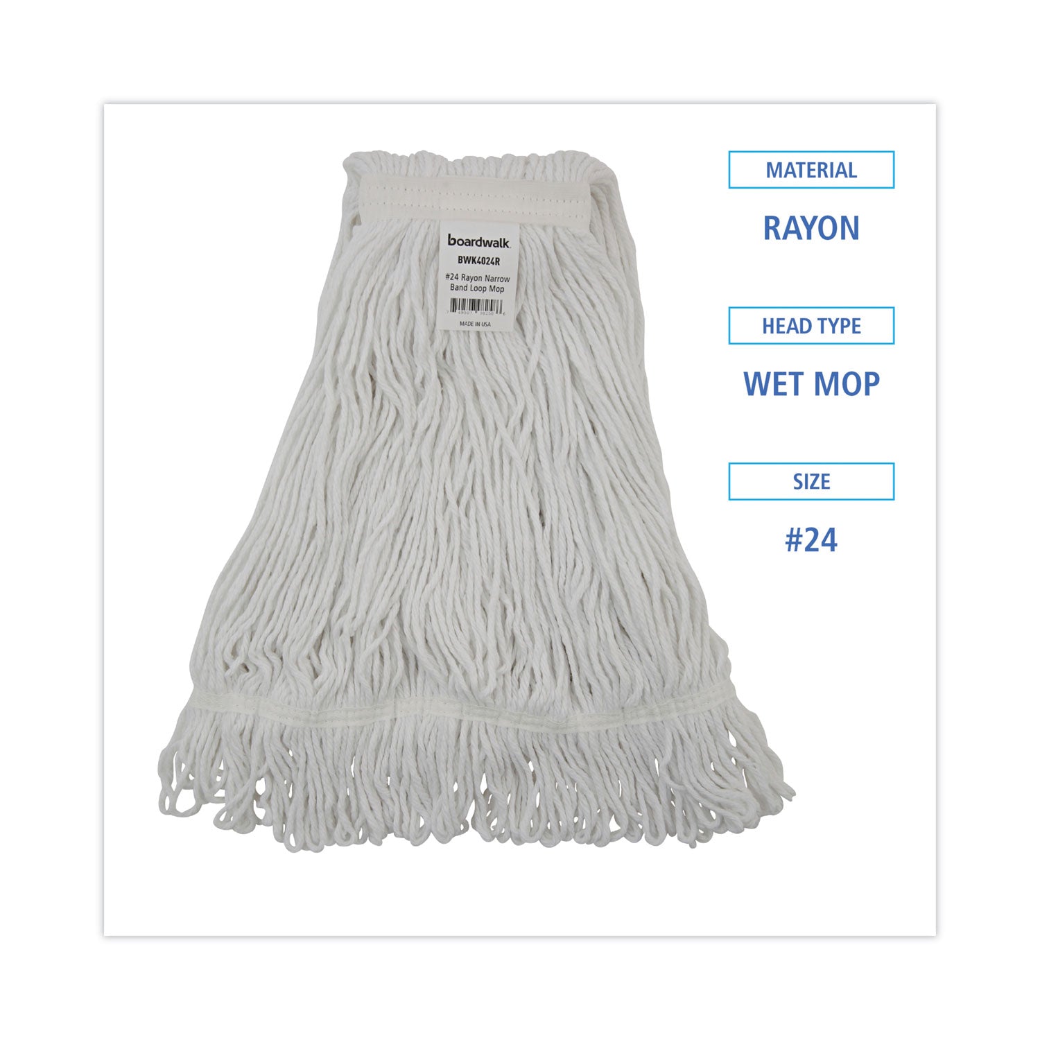 Boardwalk® Pro Loop Web/Tailband Wet Mop Head, Rayon, #24 Size, White, 12/Carton