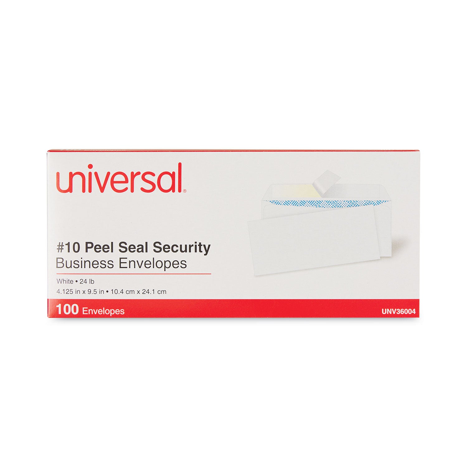 Universal® Peel Seal Strip Security Tint Business Envelope, #10, Square Flap, Self-Adhesive Closure, 4.13 x 9.5, White, 100/Box