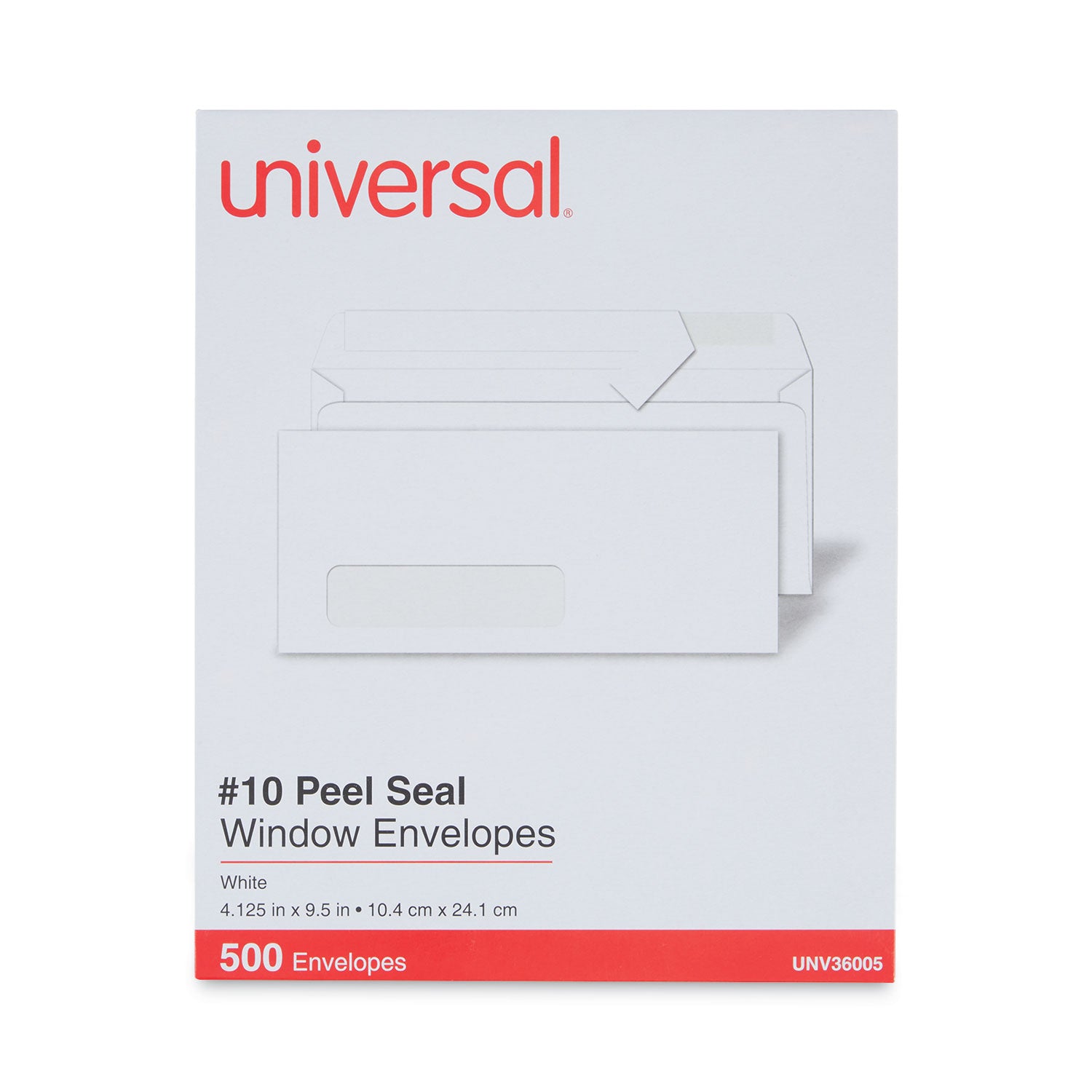 Universal® Peel Seal Strip Business Envelope, Address Window, #10, Square Flap, Self-Adhesive Closure, 4.13 x 9.5, White, 500/Box