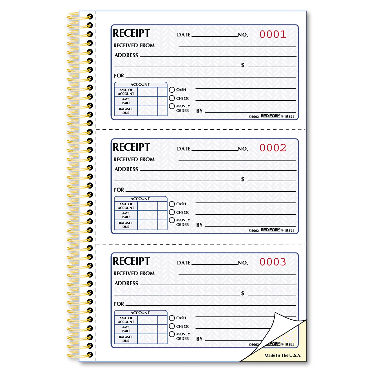 Gold Standard Money Receipt Book, Two-Part Carbonless, 5 x 2.75, 3 Forms/Sheet, 225 Forms Total