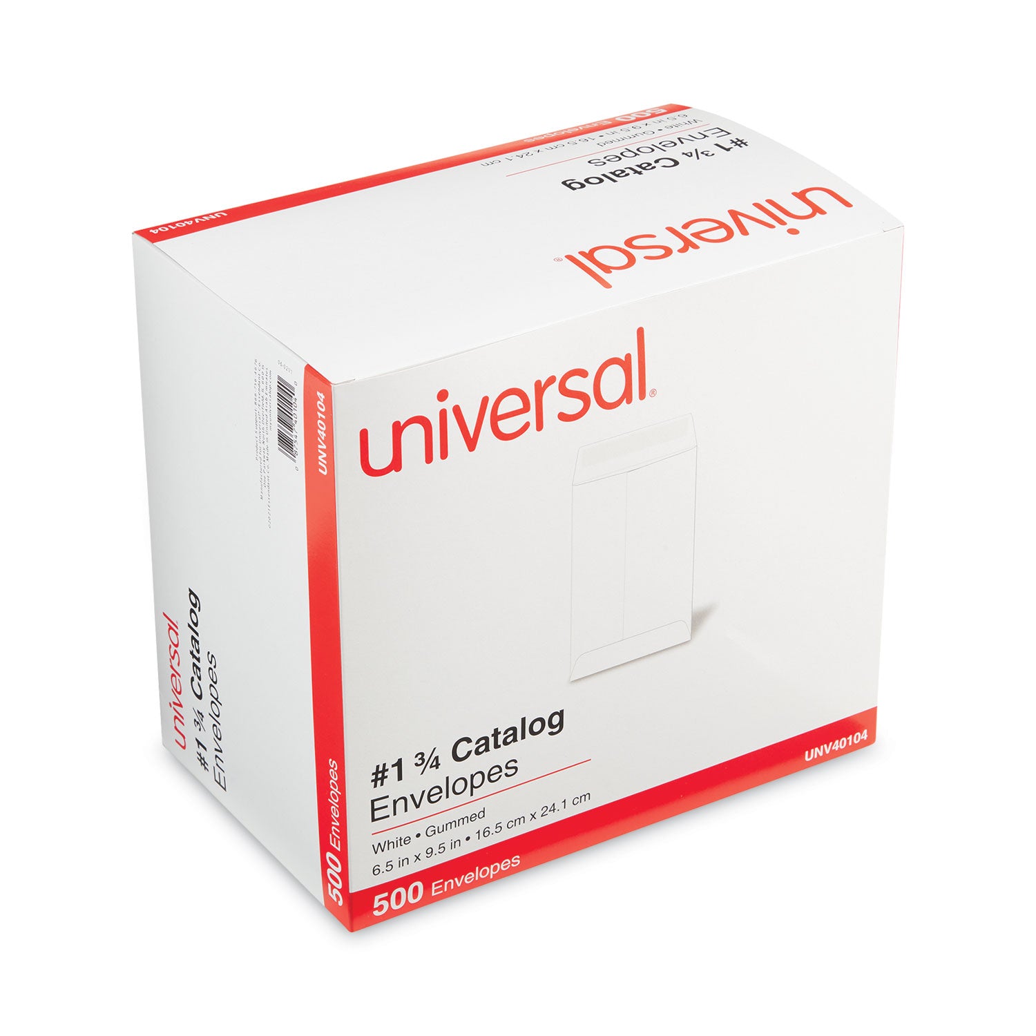 Universal® Catalog Envelope, 24 lb Bond Weight Paper, #1 3/4, Square Flap, Gummed Closure, 6.5 x 9.5, White, 500/Box