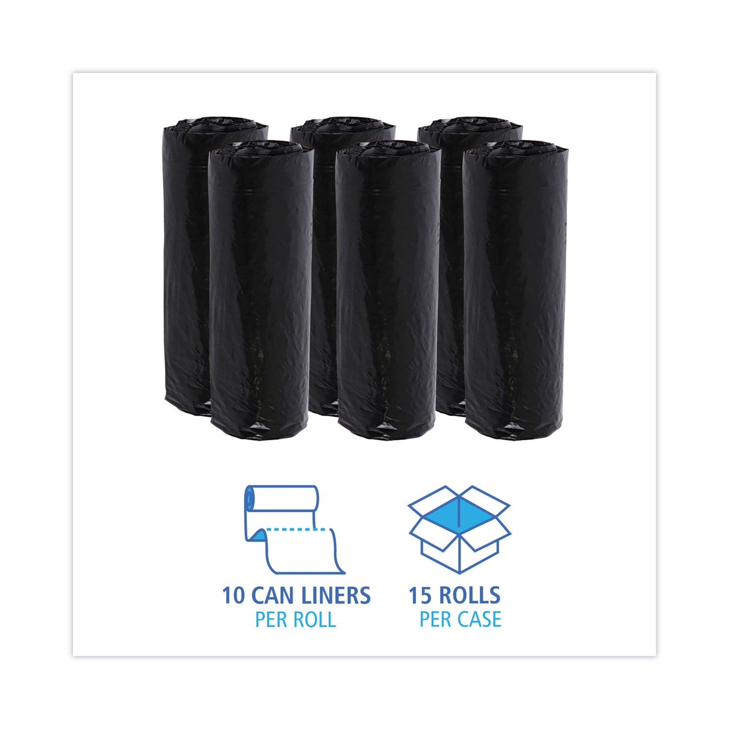 Boardwalk® Low-Density Waste Can Liners, 16 gal, 1 mil, 24" x 32", Black, Perforated Roll, 10 Bags/Roll, 15 Rolls/Carton