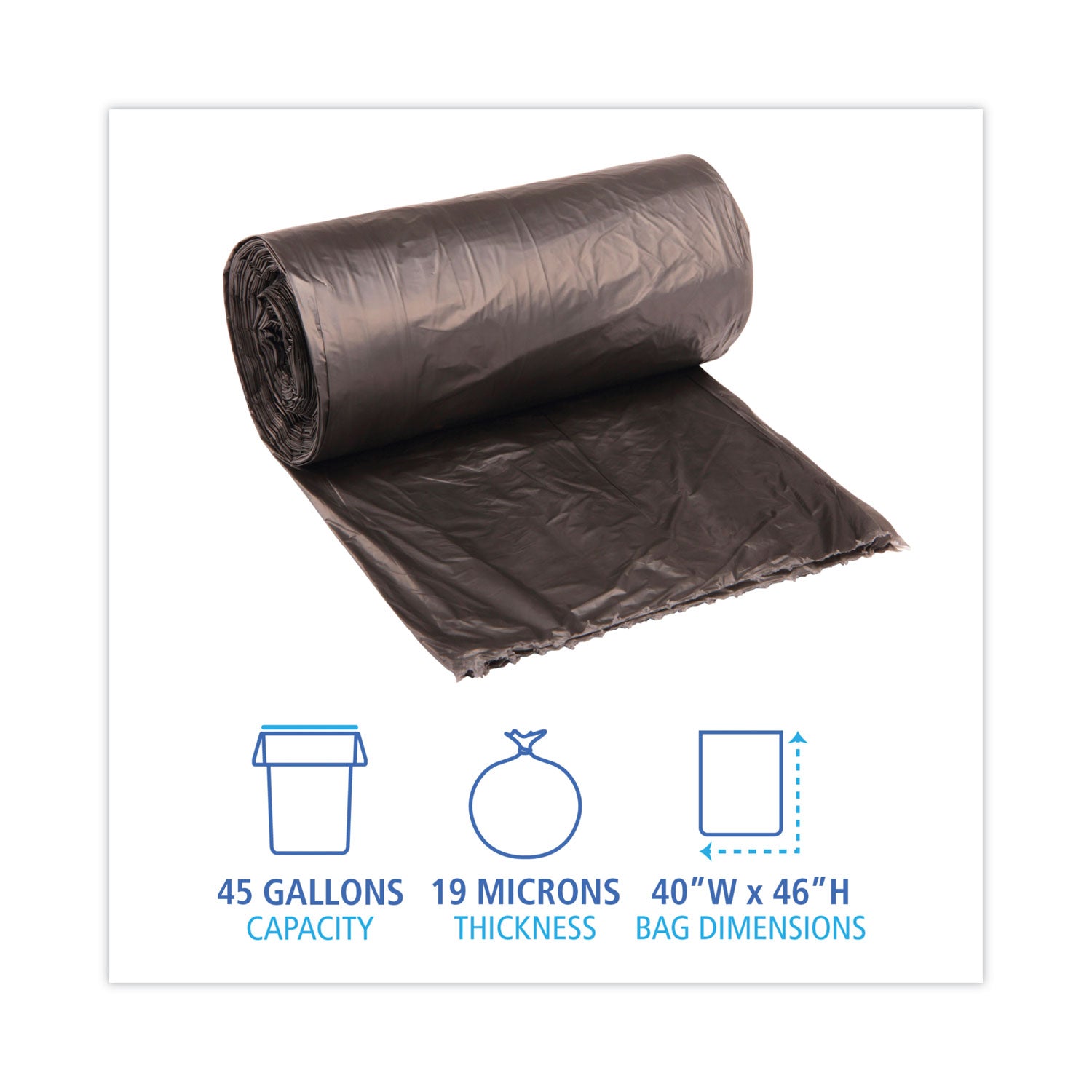 Boardwalk® High-Density Can Liners, 45 gal, 19 mic, 40" x 46", Black, Perforated Roll, 25 Bags/Roll, 6 Rolls/Carton