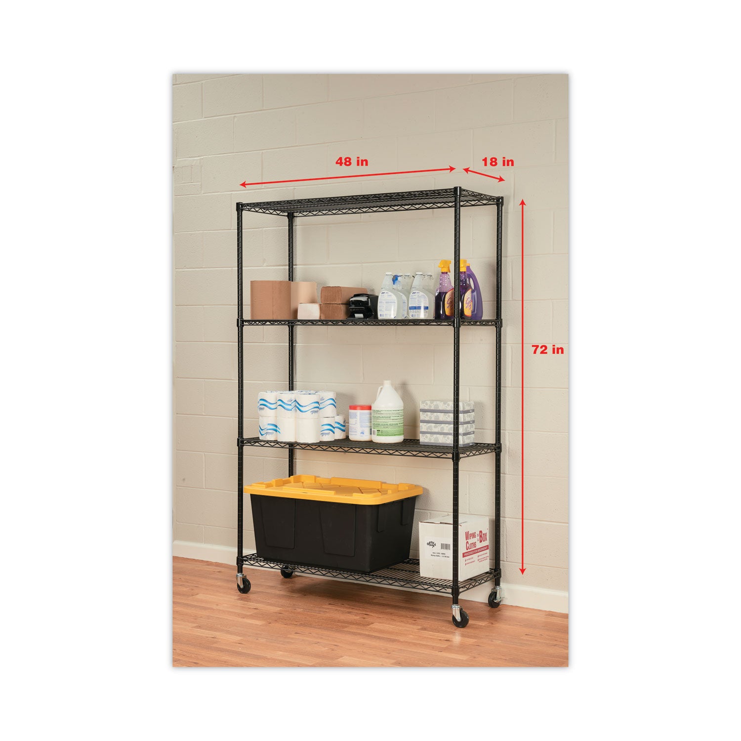 Alera® NSF Certified 4-Shelf Wire Shelving Kit with Casters, 48w x 18d x 72h, Black