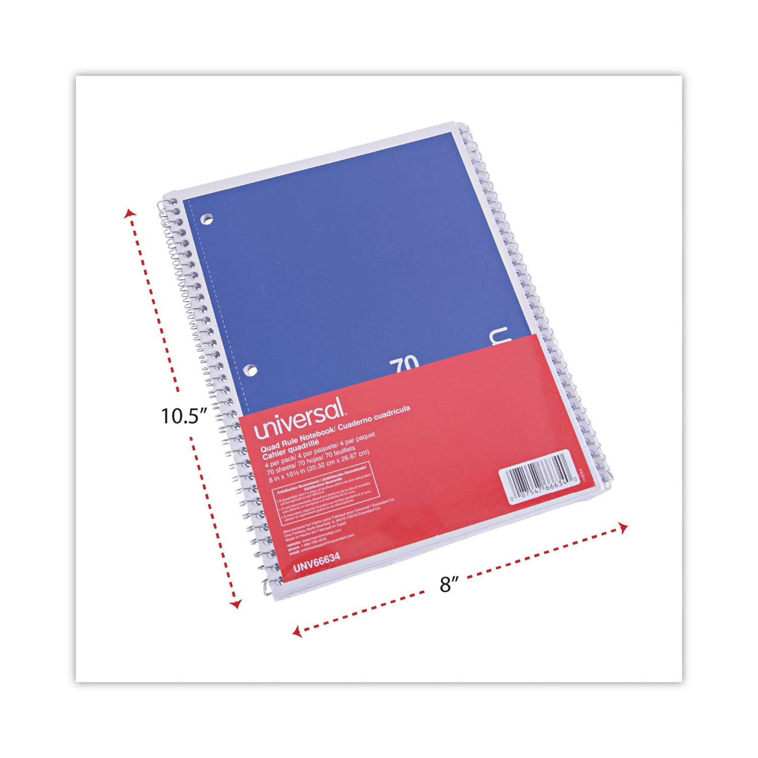 Universal® Wirebound Notebook, 1-Subject, Quadrille Rule (4 sq/in), Assorted Cover Colors, (70) 10.5 x 8 Sheets, 4/Pack