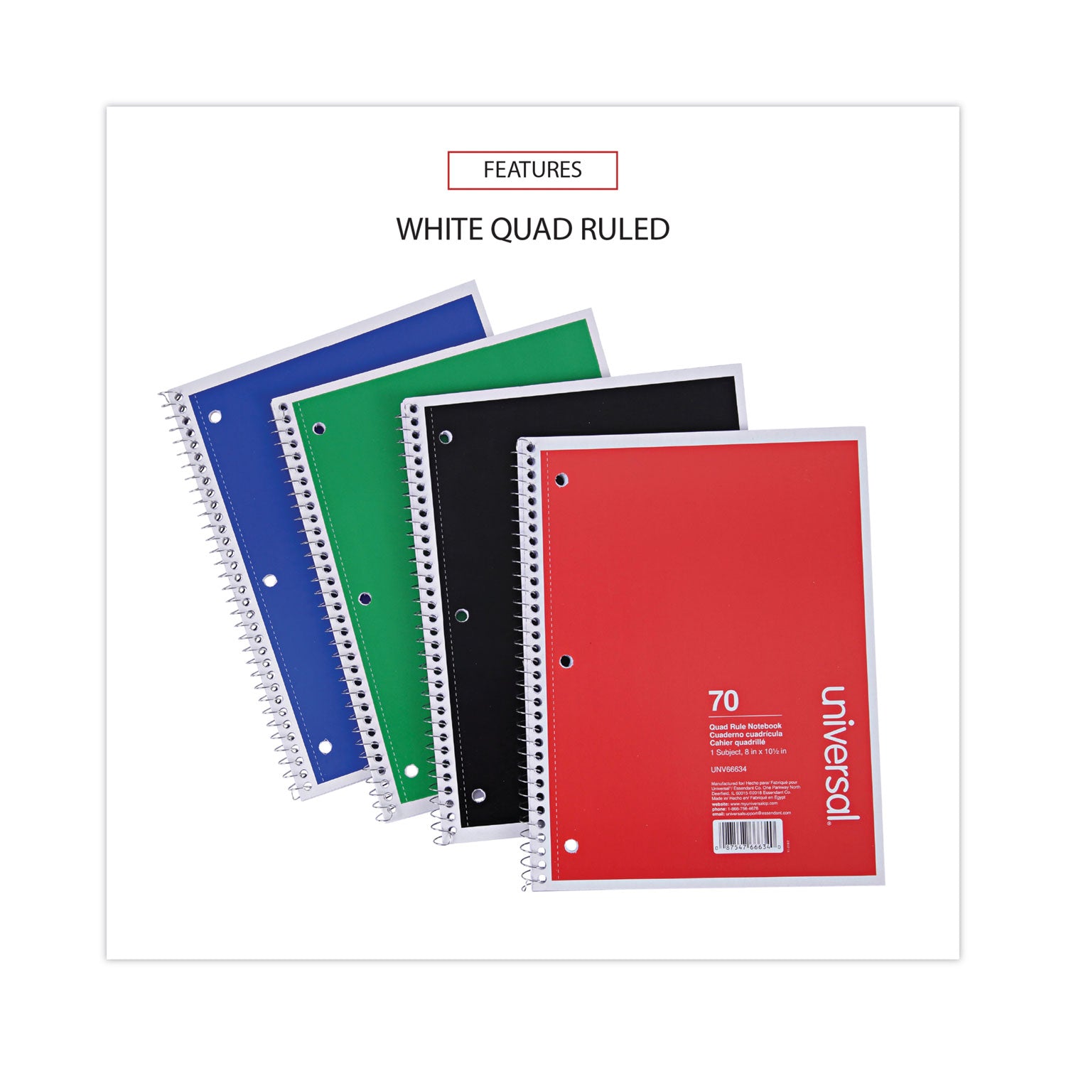 Universal® Wirebound Notebook, 1-Subject, Quadrille Rule (4 sq/in), Assorted Cover Colors, (70) 10.5 x 8 Sheets, 4/Pack