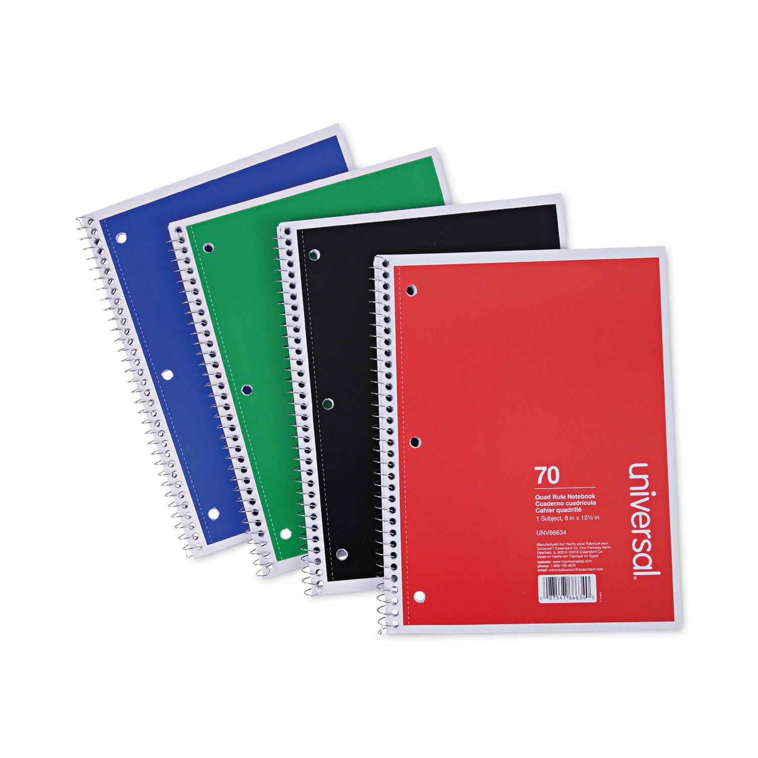 Universal® Wirebound Notebook, 1-Subject, Quadrille Rule (4 sq/in), Assorted Cover Colors, (70) 10.5 x 8 Sheets, 4/Pack