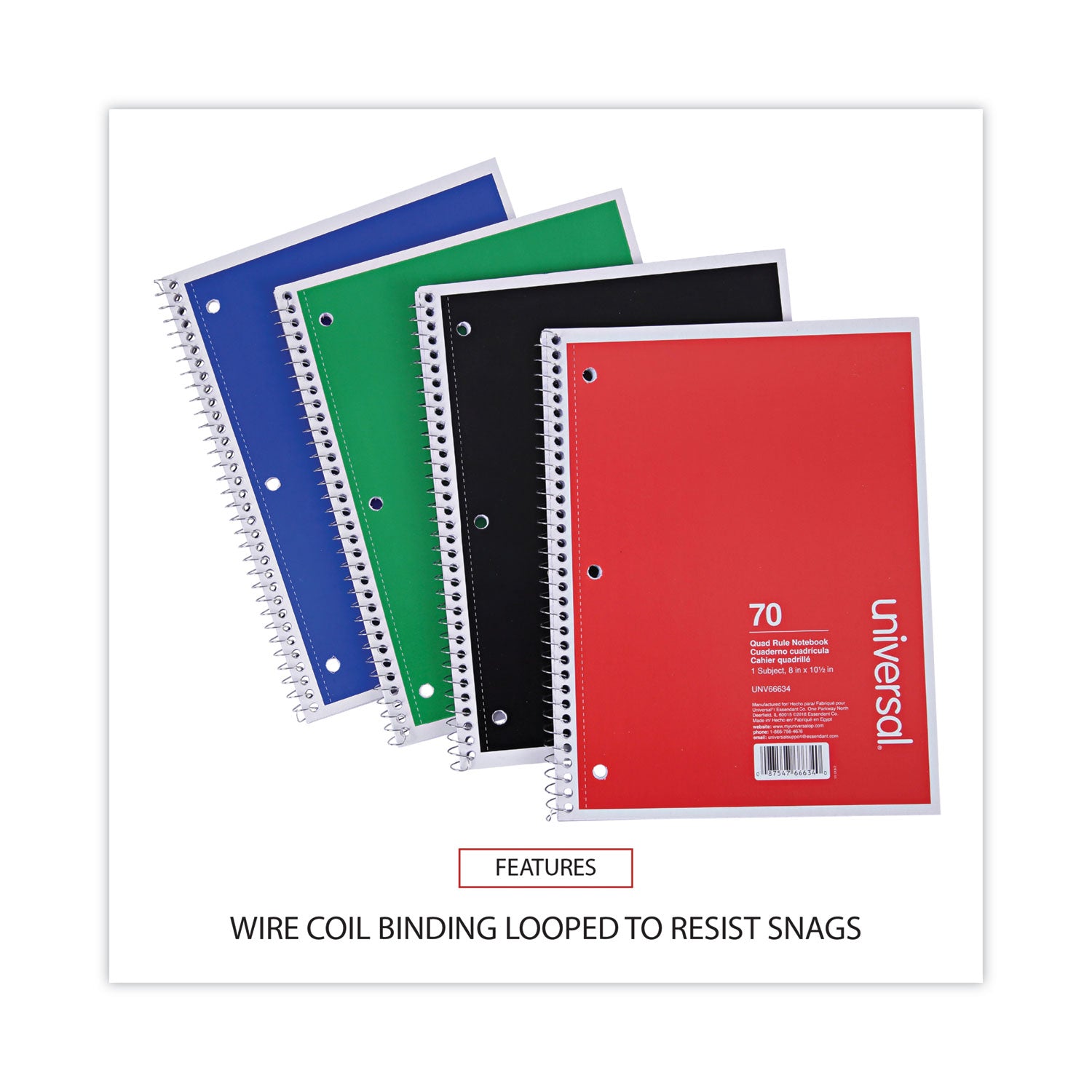 Universal® Wirebound Notebook, 1-Subject, Quadrille Rule (4 sq/in), Assorted Cover Colors, (70) 10.5 x 8 Sheets, 4/Pack