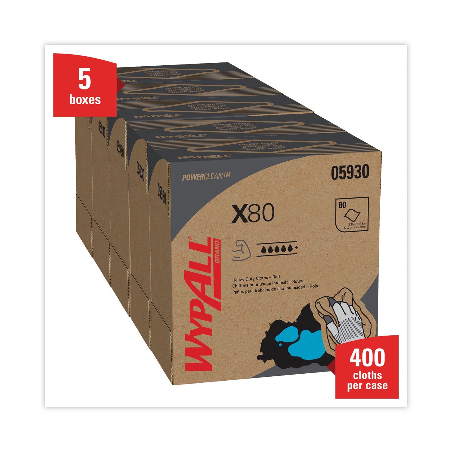 WypAll® X80 Cloths, HYDROKNIT, POP-UP Box, 8.34 x 16.8, Red, 80/Box, 5 Box/Carton