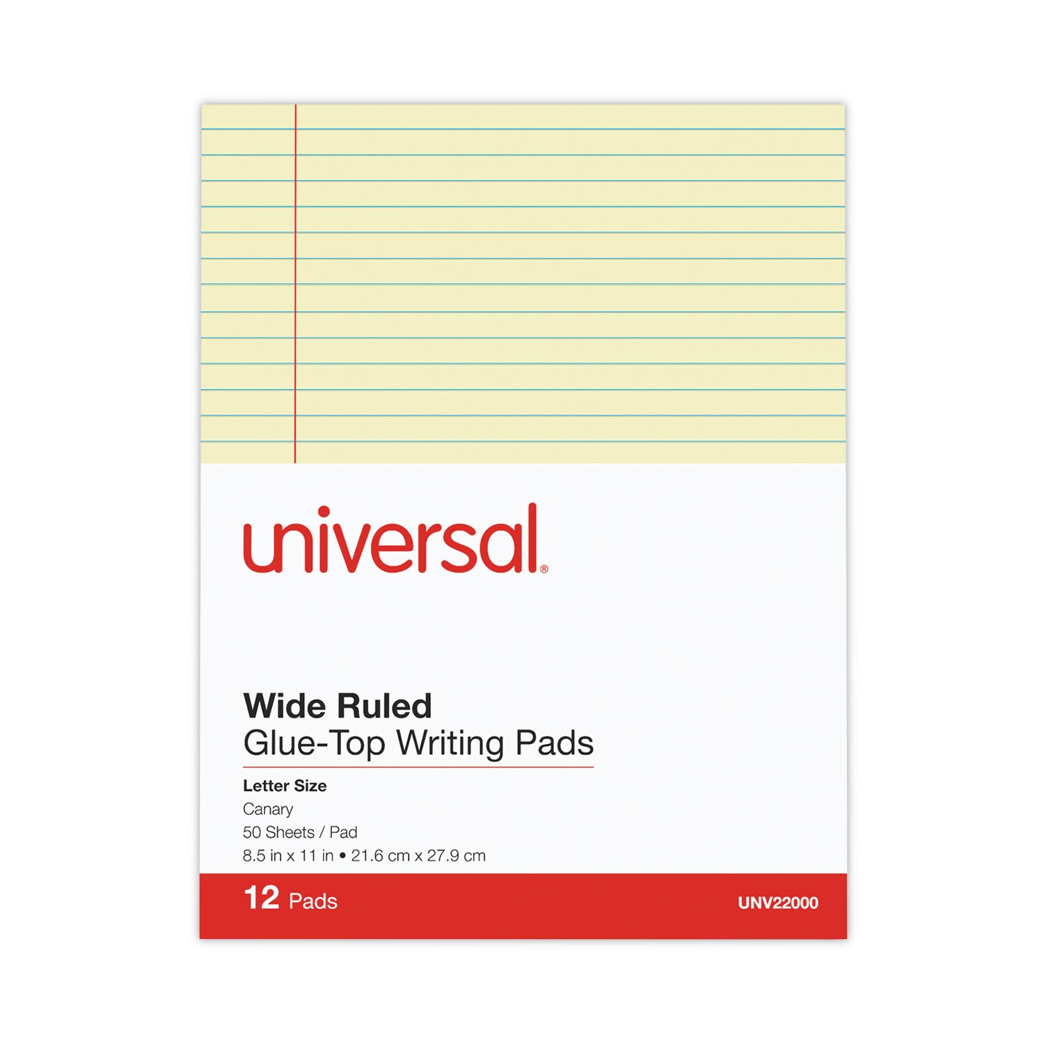 Universal® Glue Top Pads, Wide/Legal Rule, 50 Canary-Yellow 8.5 x 11 Sheets, Dozen