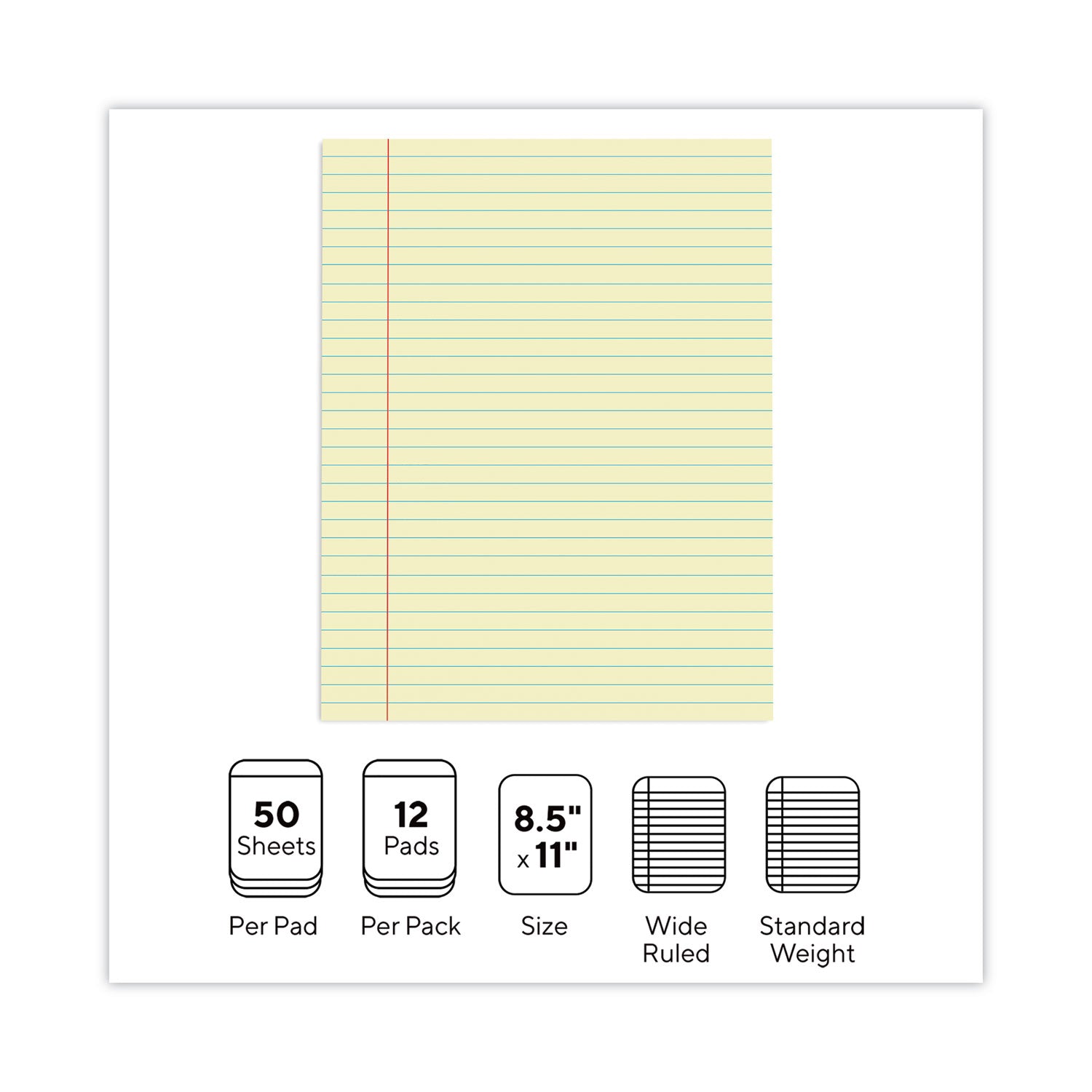 Universal® Glue Top Pads, Wide/Legal Rule, 50 Canary-Yellow 8.5 x 11 Sheets, Dozen