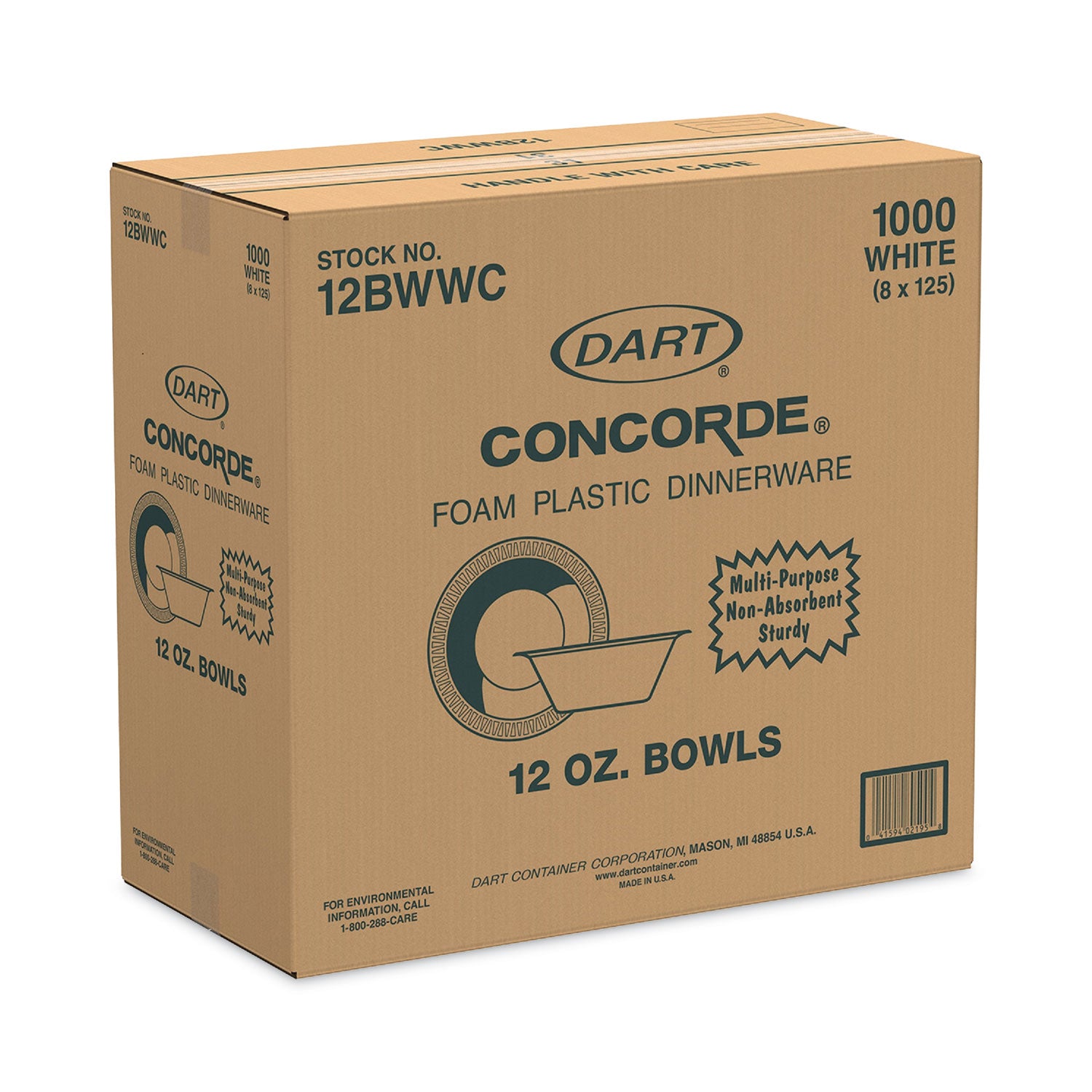 Dart® Concorde Non-Laminated Foam Bowl, 12 oz, White, 125/Pack, 8 Packs/Carton