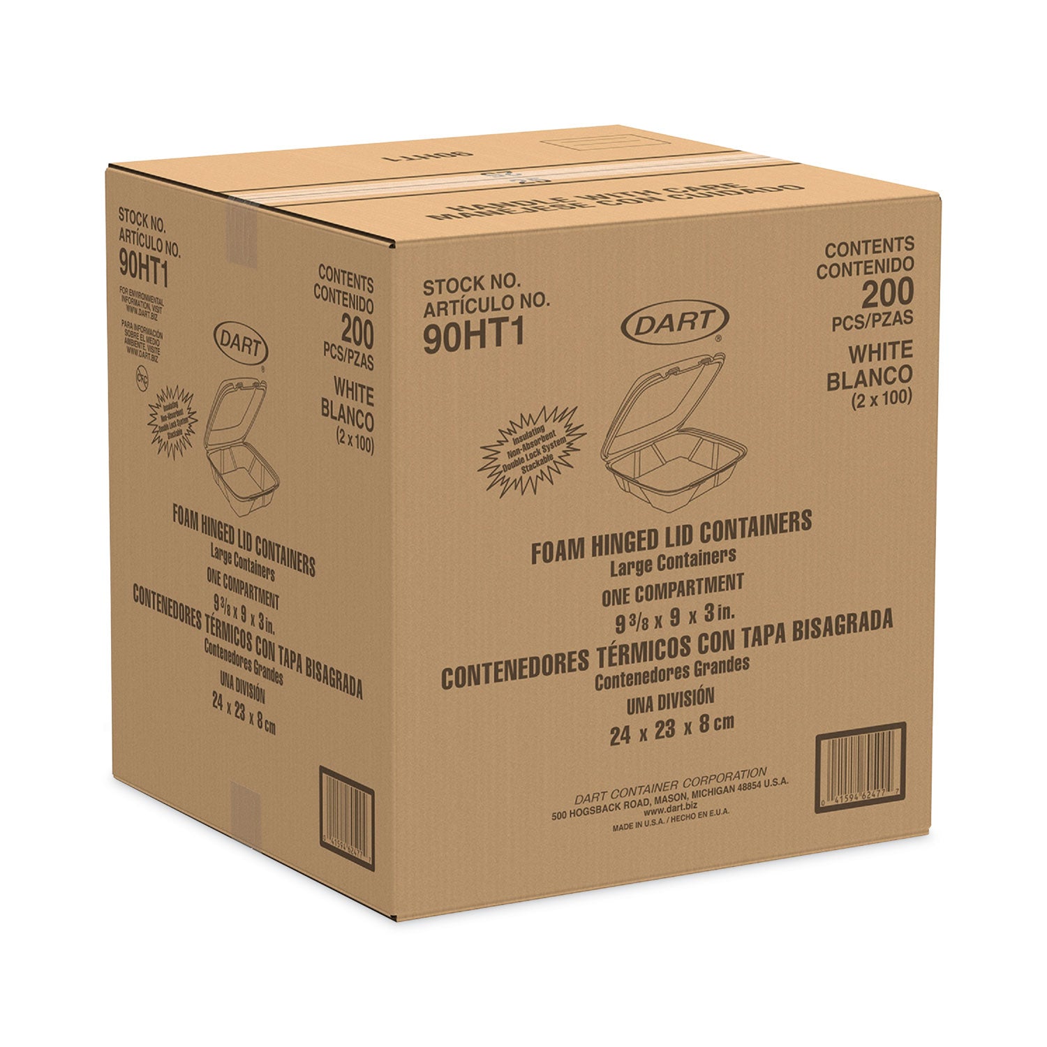 Dart® Insulated Foam Hinged Lid Containers, 1-Compartment, 9.01 x 9.4 x 3, White, 100/Pack, 2 Packs/Carton