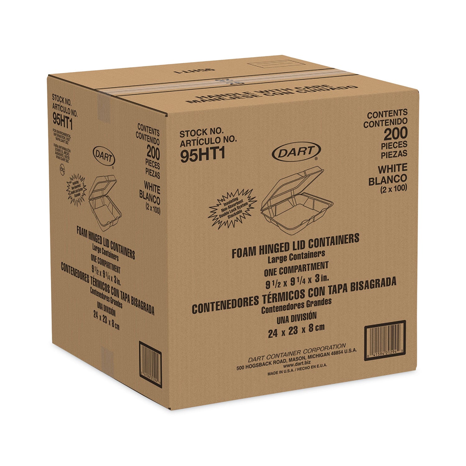 Dart® Insulated Foam Hinged Lid Containers, 1-Compartment, 9.3 x 9.5 x 3, White, 200/Pack, 2 Packs/Carton