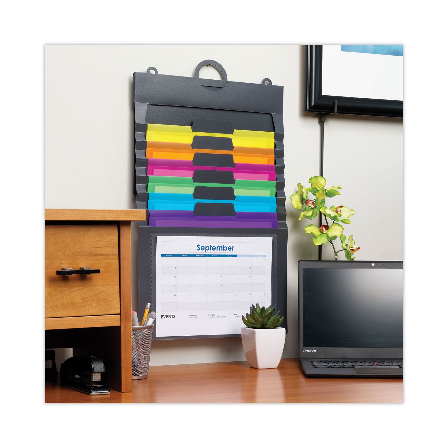 Smead™ Cascading Wall Organizer, 6 Sections, Letter Size, 14.25 x 24.25, Gray, Neon Green, Neon Orange, Neon Pink, Purple, Yellow