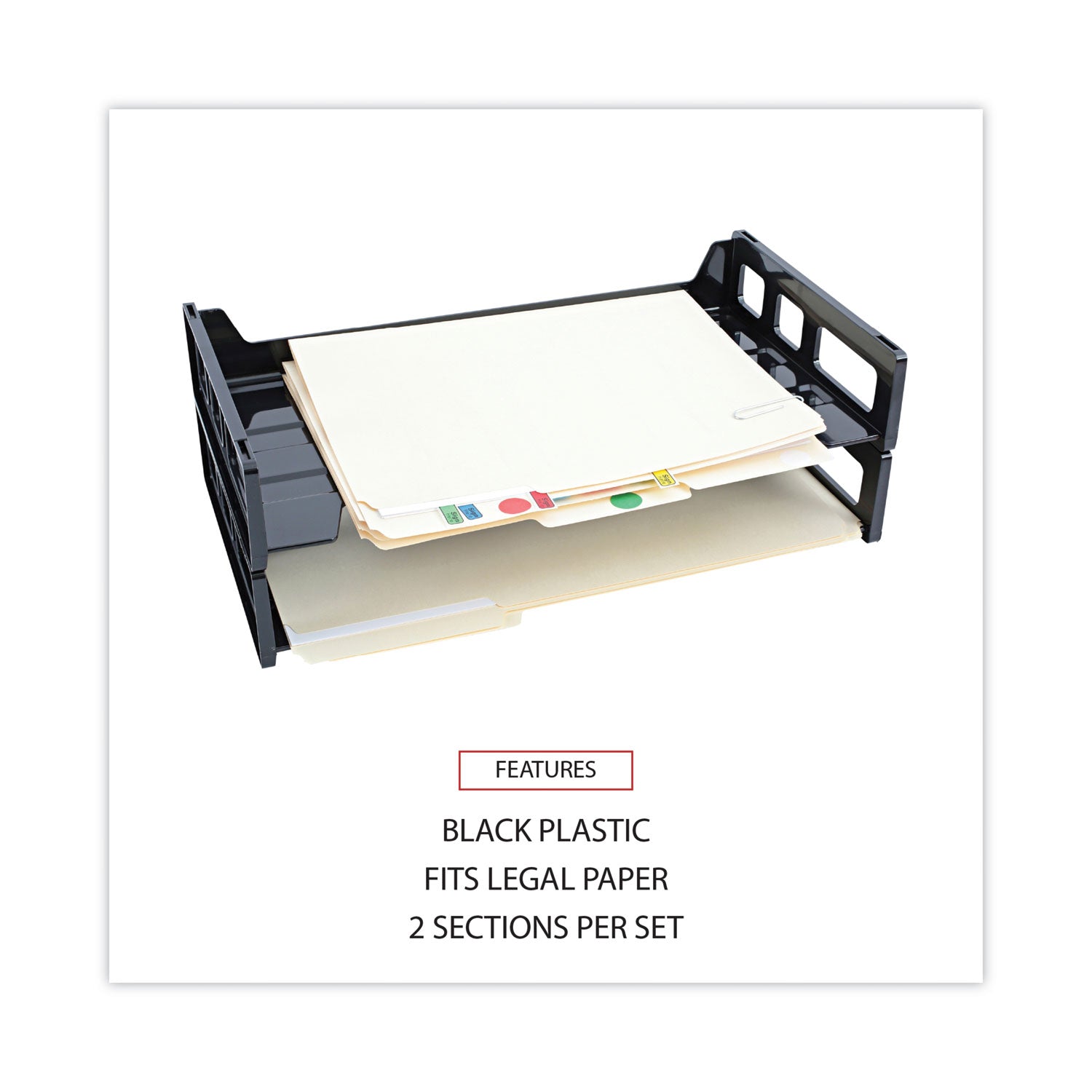 Universal® Recycled Plastic Side Load Desk Trays, 2 Sections, Legal Size Files, 16.25" x 9" x 2.75", Black