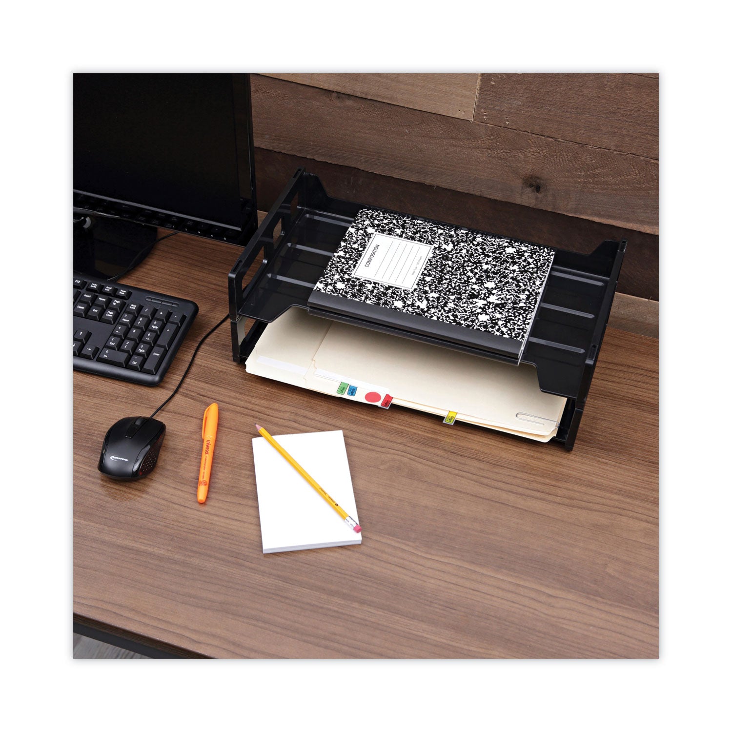 Universal® Recycled Plastic Side Load Desk Trays, 2 Sections, Legal Size Files, 16.25" x 9" x 2.75", Black