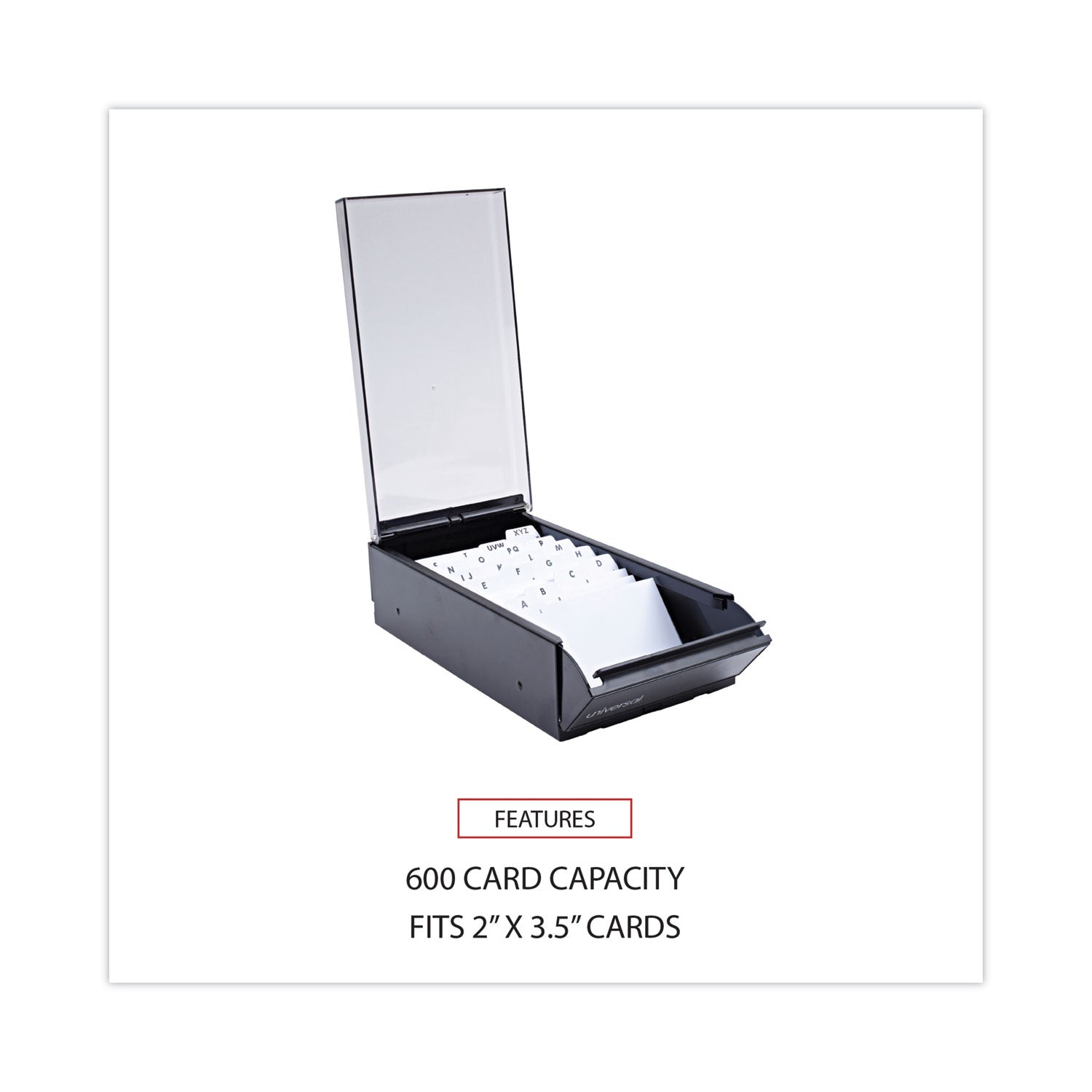 Universal® Business Card File, Holds 600 2 x 3.5 Cards, 4.25 x 8.25 x 2.5, Metal/Plastic, Black