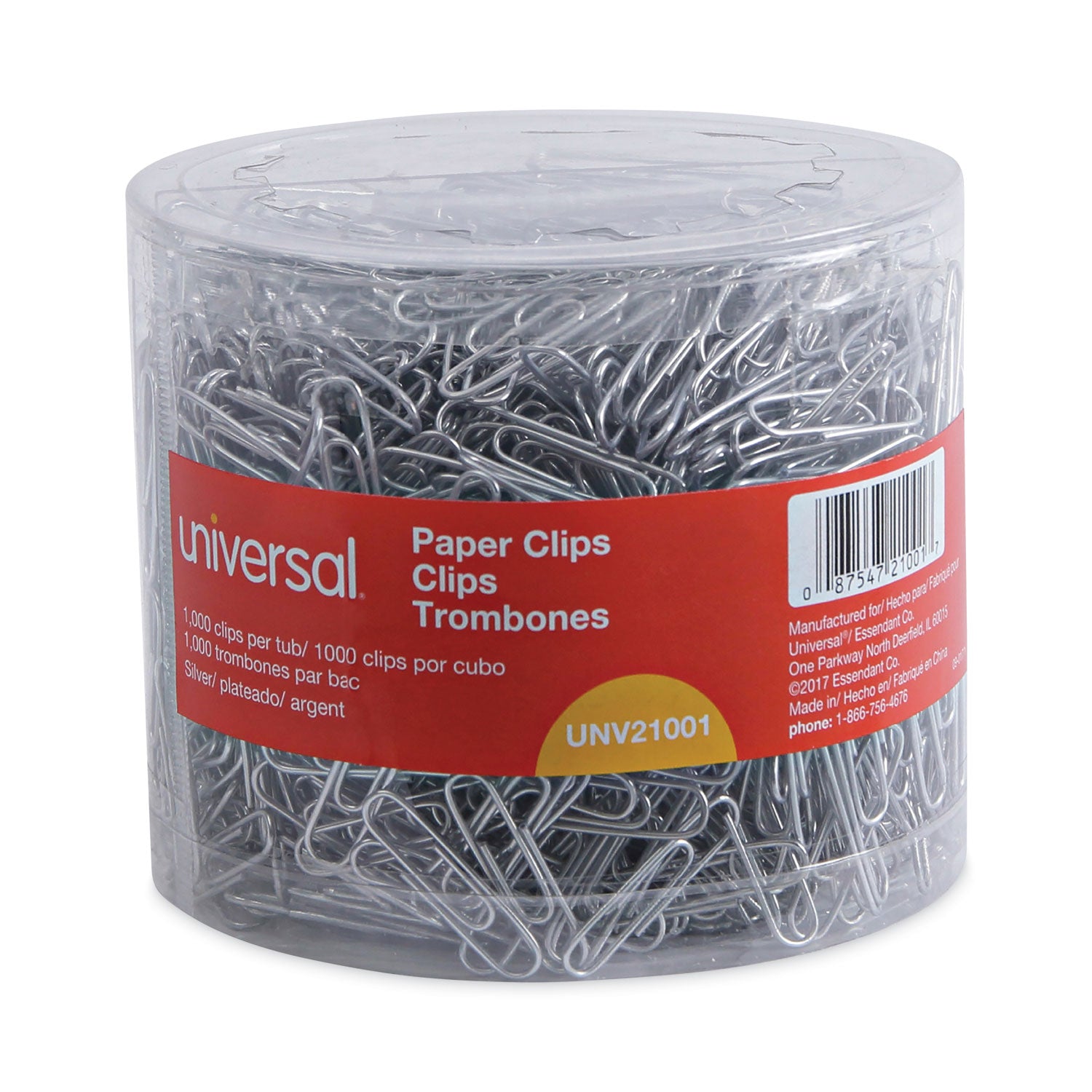 Universal® Plastic-Coated Paper Clips with Two-Compartment Dispenser Tub, (750) #2 Clips, (250) Jumbo Clips, Silver