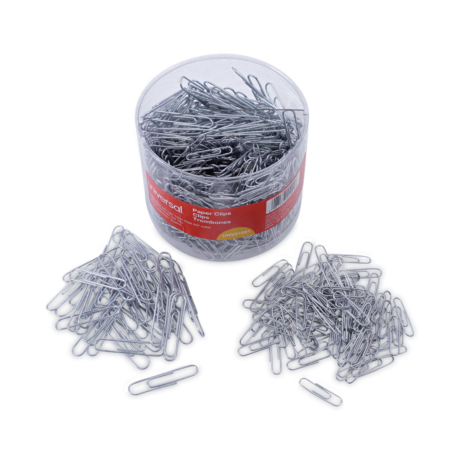 Universal® Plastic-Coated Paper Clips with Two-Compartment Dispenser Tub, (750) #2 Clips, (250) Jumbo Clips, Silver