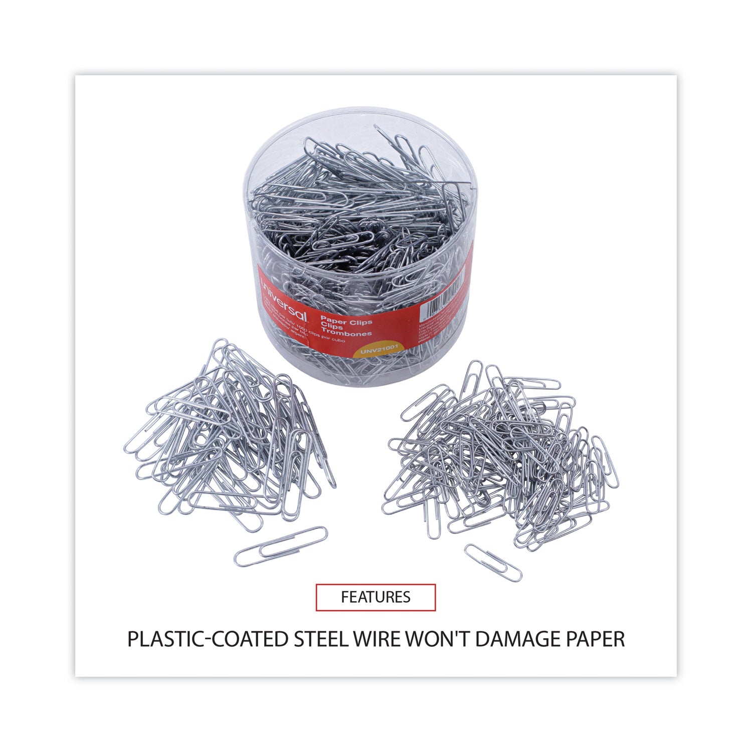 Universal® Plastic-Coated Paper Clips with Two-Compartment Dispenser Tub, (750) #2 Clips, (250) Jumbo Clips, Silver