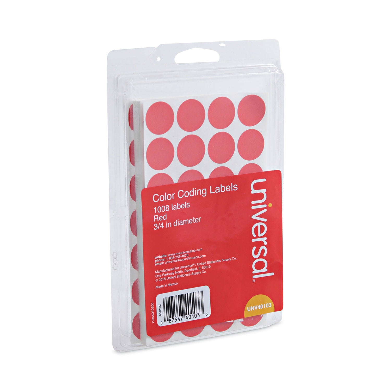 Universal® Self-Adhesive Removable Color-Coding Labels, 0.75" dia, Red, 28/Sheet, 36 Sheets/Pack