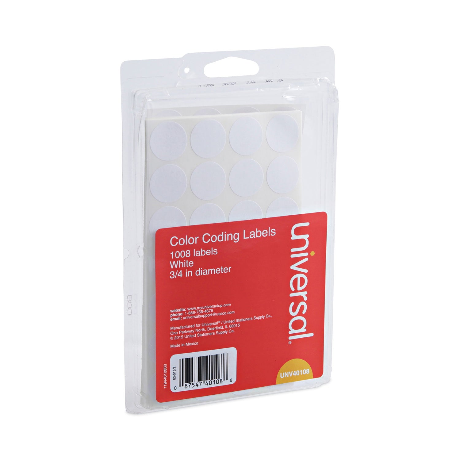 Universal® Self-Adhesive Removable Color-Coding Labels, 0.75" dia, White, 28/Sheet, 36 Sheets/Pack