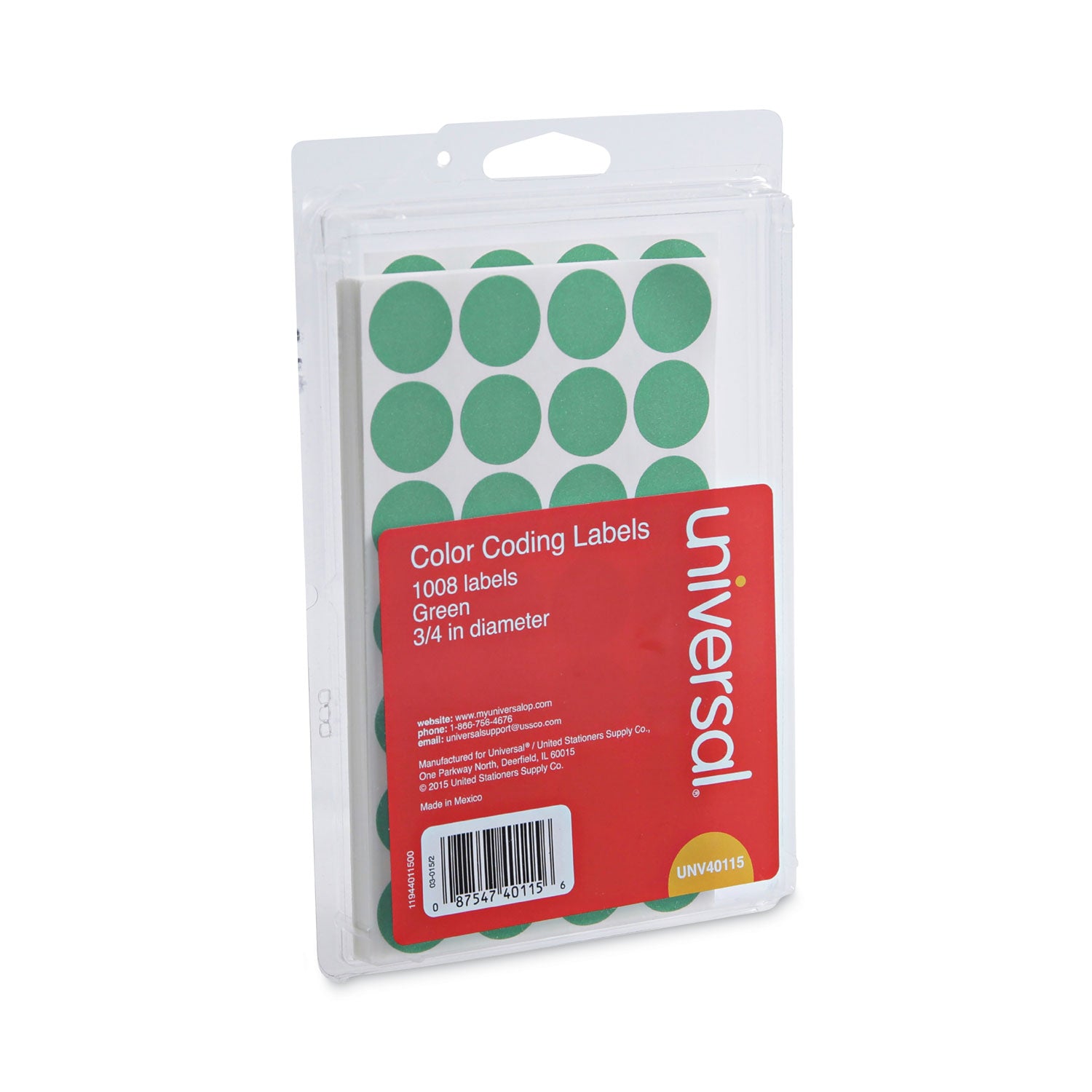 Universal® Self-Adhesive Removable Color-Coding Labels, 0.75" dia, Green, 28/Sheet, 36 Sheets/Pack