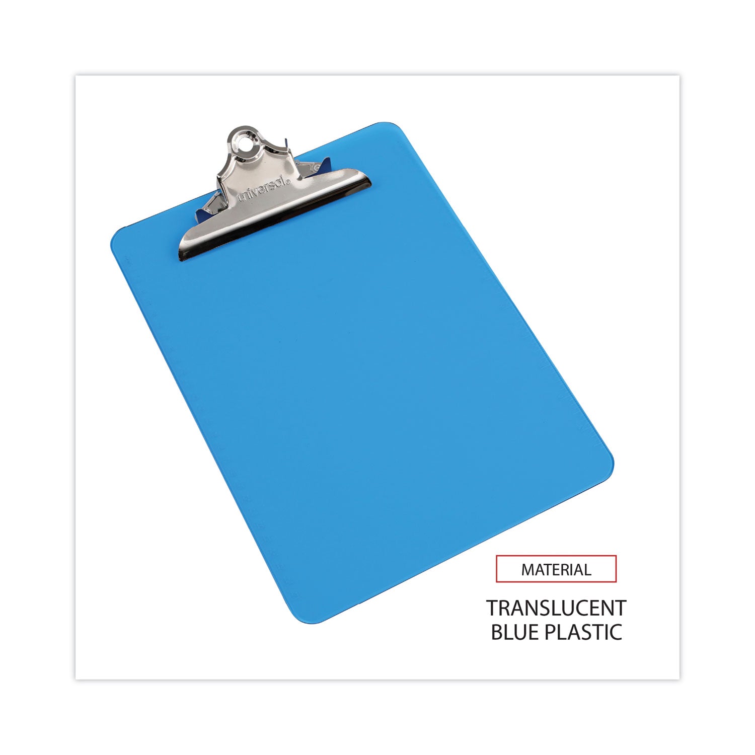 Universal® Plastic Clipboard with High Capacity Clip, 1.25" Clip Capacity, Holds 8.5 x 11 Sheets, Translucent Blue