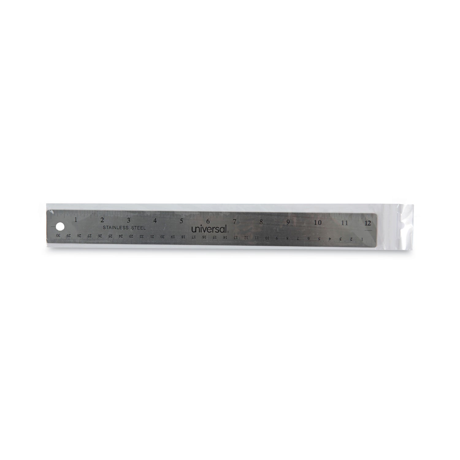 Universal® Stainless Steel Ruler with Cork Back and Hanging Hole, Standard/Metric, 12" Long