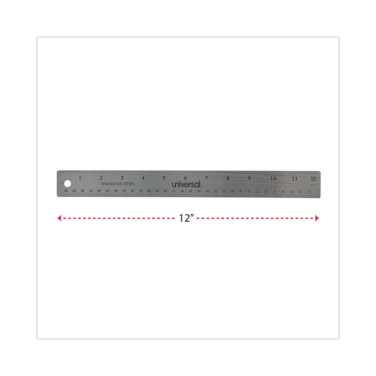 Universal® Stainless Steel Ruler with Cork Back and Hanging Hole, Standard/Metric, 12" Long