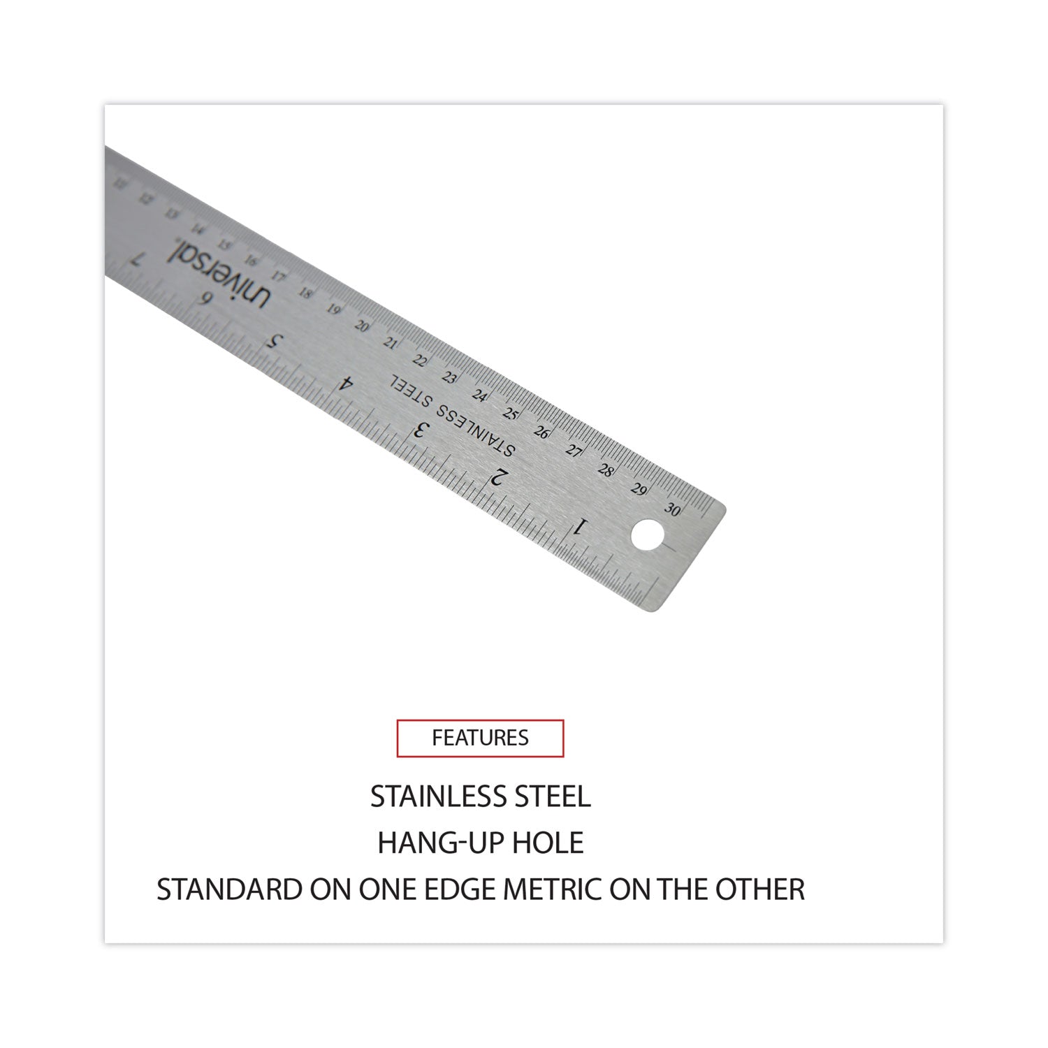 Universal® Stainless Steel Ruler with Cork Back and Hanging Hole, Standard/Metric, 12" Long