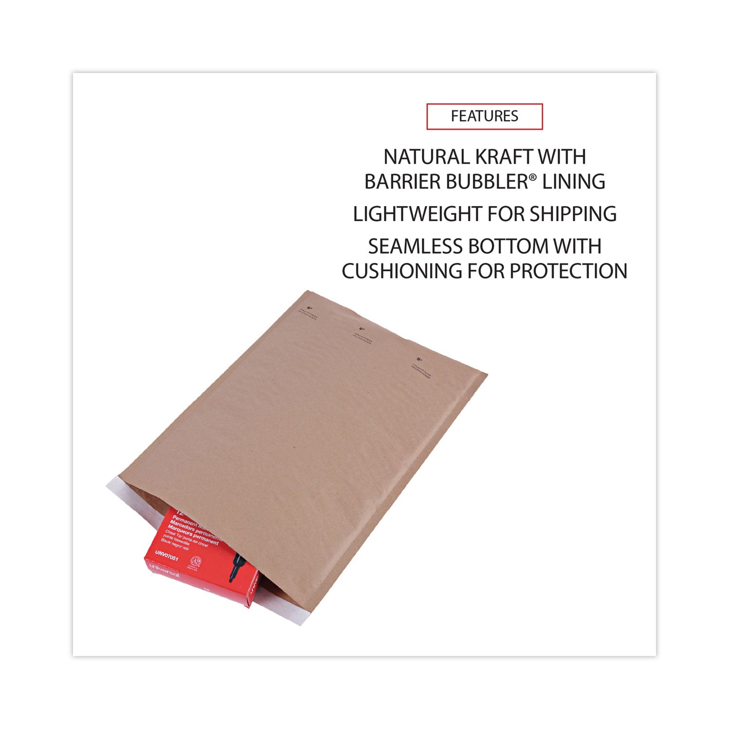 Universal® Natural Self-Seal Cushioned Mailer, #5, Barrier Bubble Air Cell Cushion, Self-Adhesive Closure, 10.5 x 16, Kraft, 80/Carton