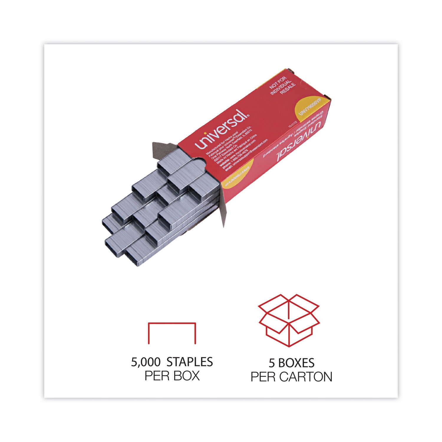 Universal® Standard Chisel Point Staples, 0.25" Leg, 0.5" Crown, Steel, 5,000/Box, 5 Boxes/Pack, 25,000/Pack