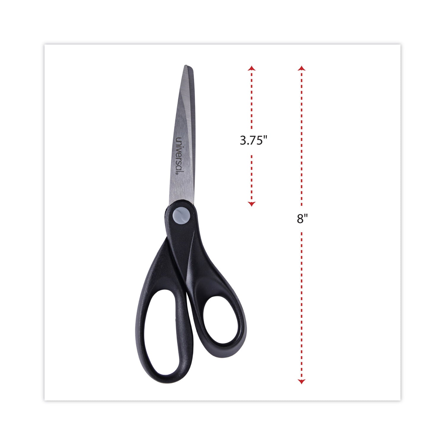 Universal® Stainless Steel Office Scissors, 8" Long, 3.75" Cut Length, Straight Black Handle