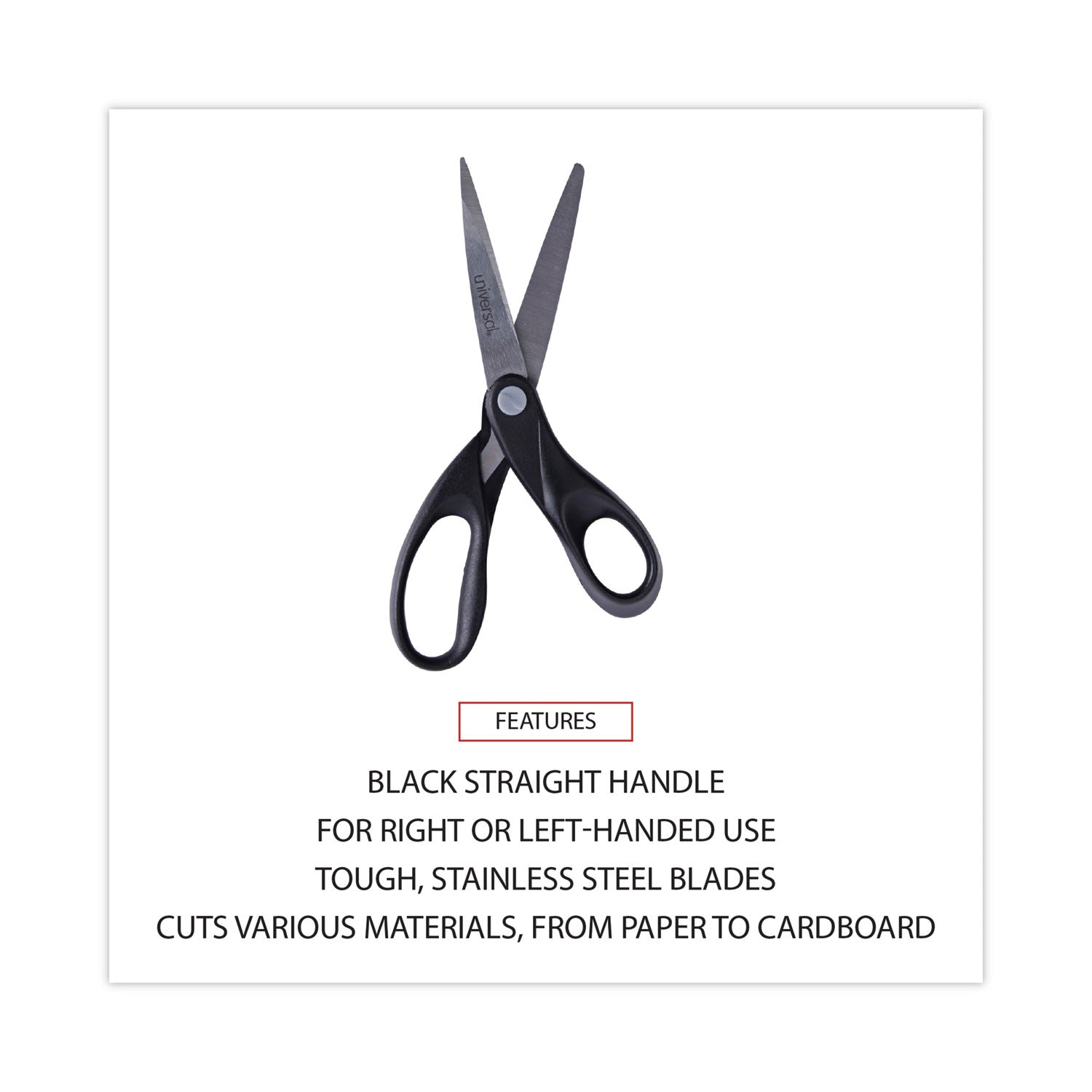 Universal® Stainless Steel Office Scissors, 8" Long, 3.75" Cut Length, Straight Black Handle