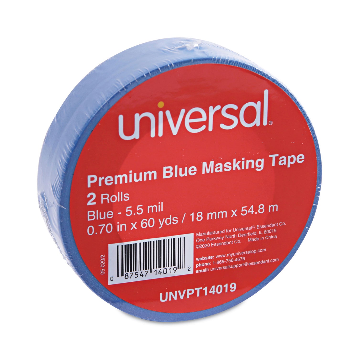 Universal® Premium Blue Masking Tape with UV Resistance, 3" Core, 18 mm x 54.8 m, Blue, 2/Pack