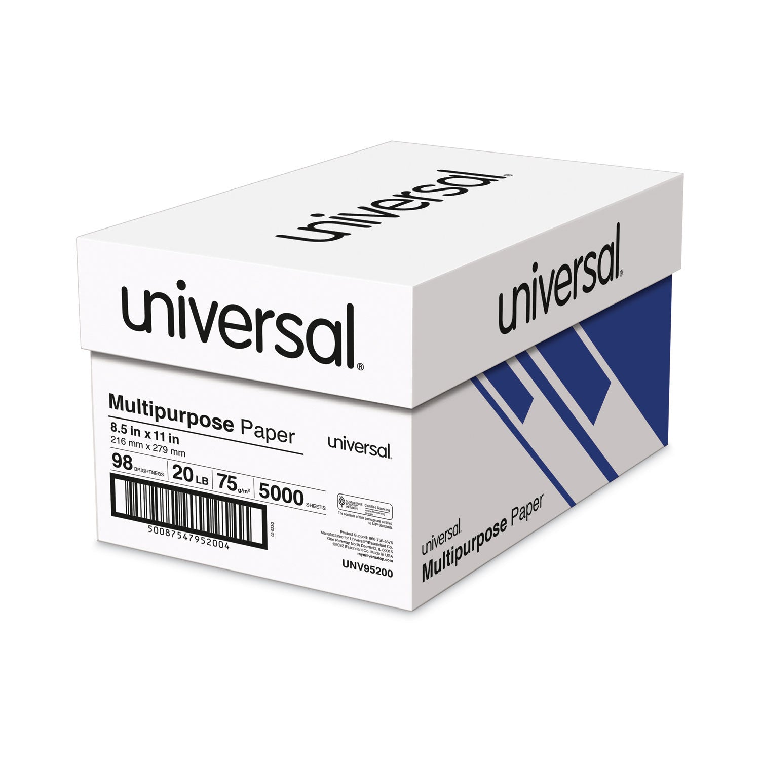 Universal® Deluxe Multipurpose Paper, 98 Bright, 20 lb Bond Weight, 8.5 x 11, Bright White, 500 Sheets/Ream, 10 Reams/Carton